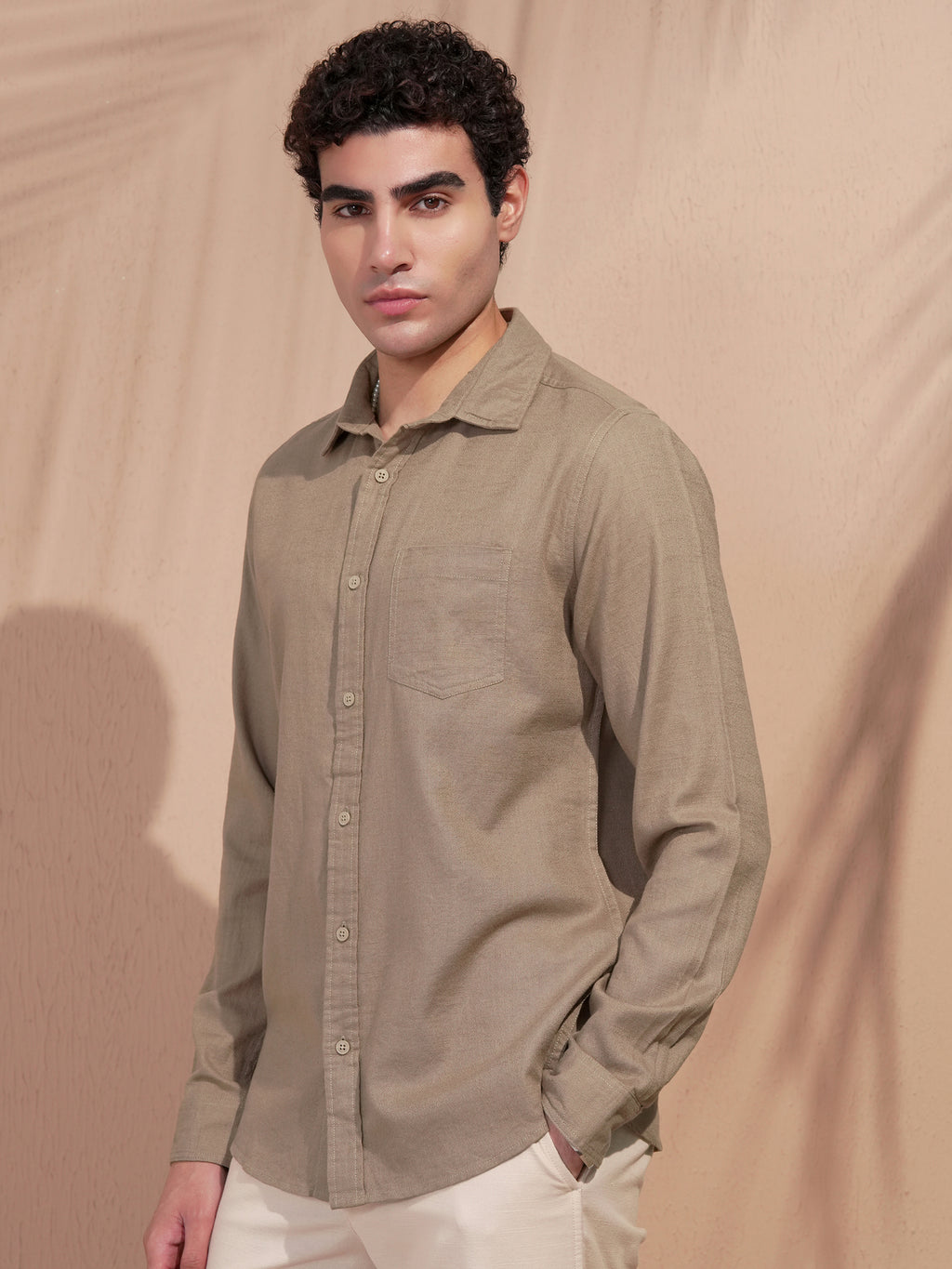 Highlander Men Khaki Self Design Slim Fit Casual Shirt - Khaki - Image 4