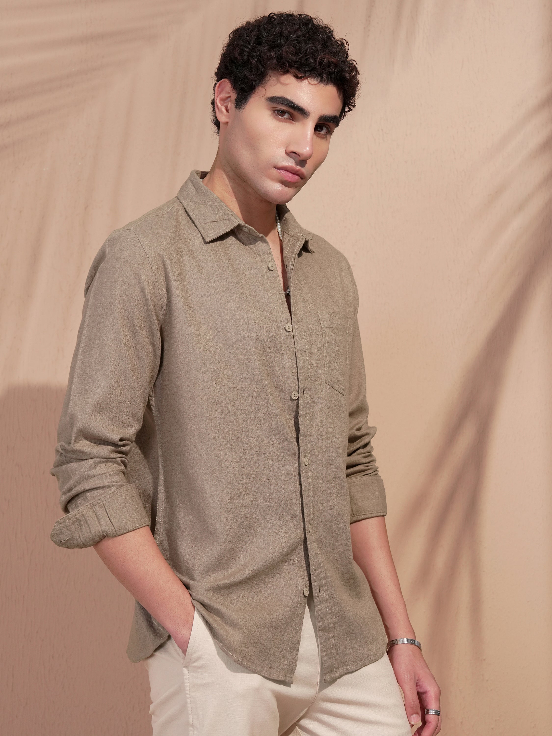 Highlander Men Khaki Self Design Slim Fit Casual Shirt - Khaki - Image 6