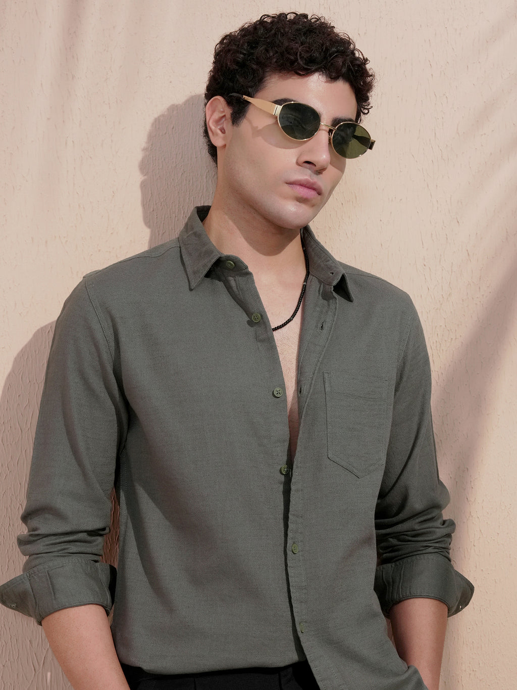 Highlander Men Olive Self Design Slim Fit Casual Shirt - Olive - Image 1