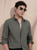 Highlander Men Olive Self Design Slim Fit Casual Shirt - Olive - Image 1