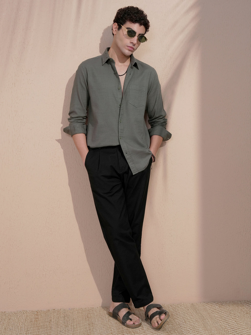 Highlander Men Olive Self Design Slim Fit Casual Shirt - Olive - Image 2