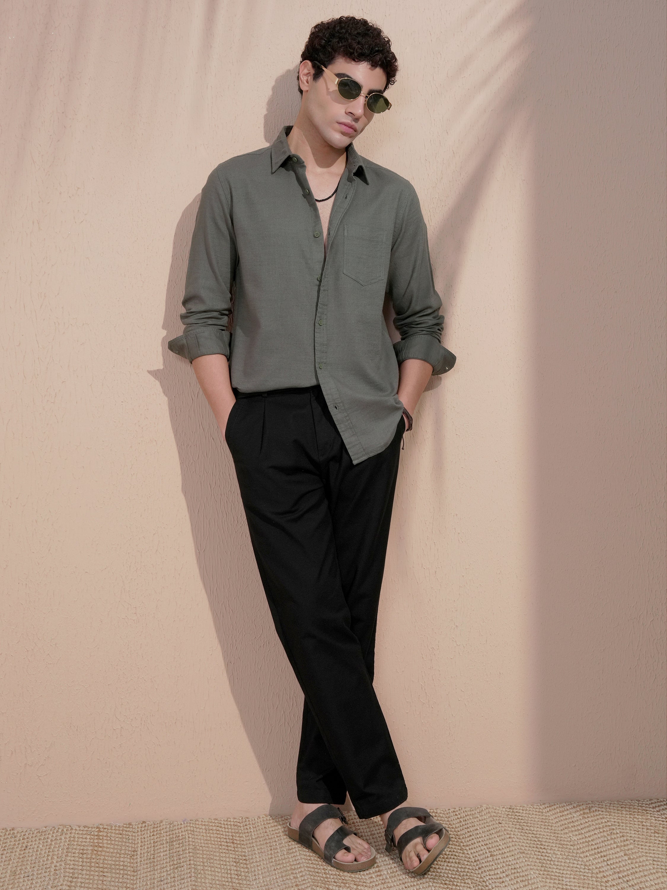 Highlander Men Olive Self Design Slim Fit Casual Shirt - Olive - Image 2
