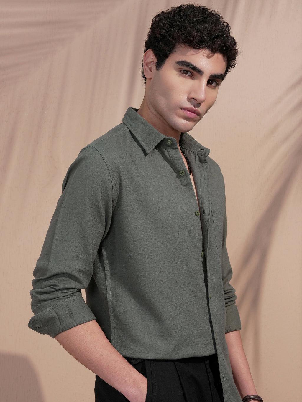 Highlander Men Olive Self Design Slim Fit Casual Shirt - Olive - Image 6