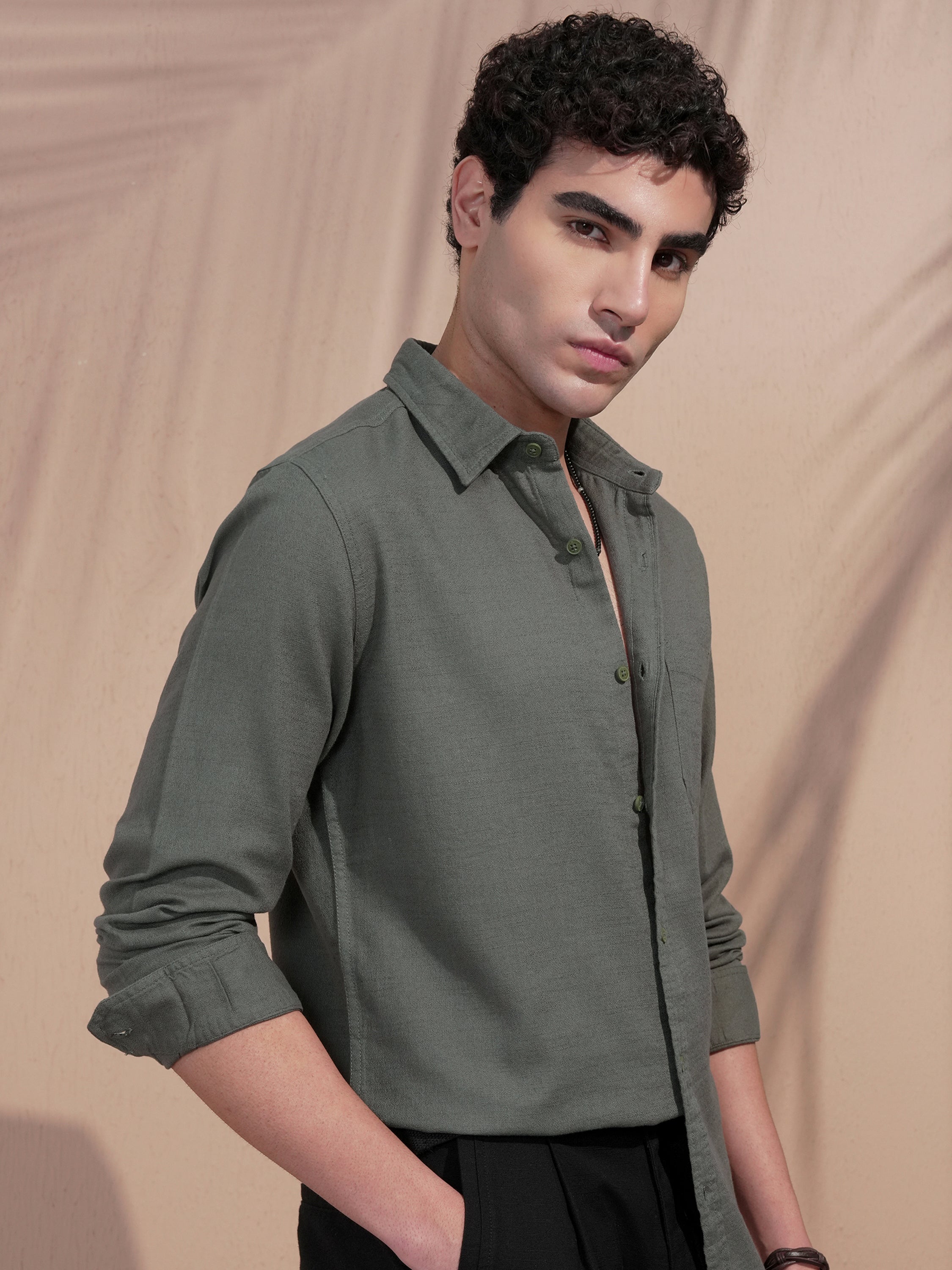 Highlander Men Olive Self Design Slim Fit Casual Shirt - Olive - Image 6