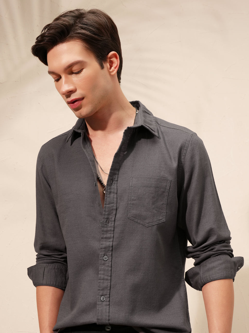 Highlander Men Grey Self Design Slim Fit Casual Shirt - Grey - Image 1