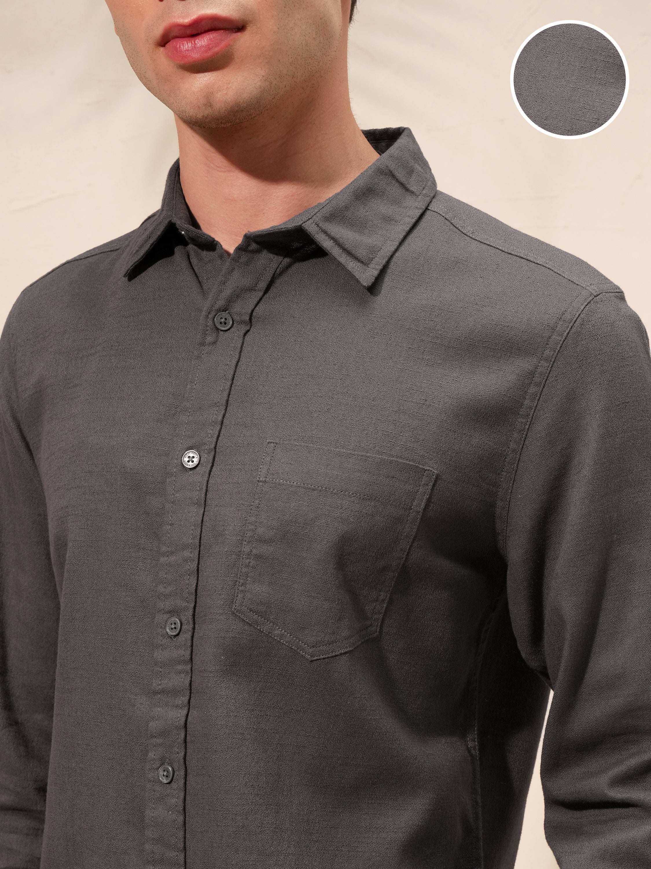 Highlander Men Grey Self Design Slim Fit Casual Shirt - Grey - Image 5