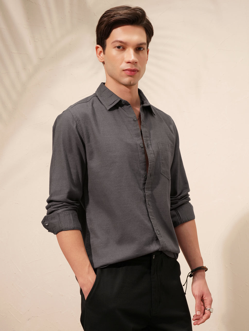Highlander Men Grey Self Design Slim Fit Casual Shirt - Grey - Image 6