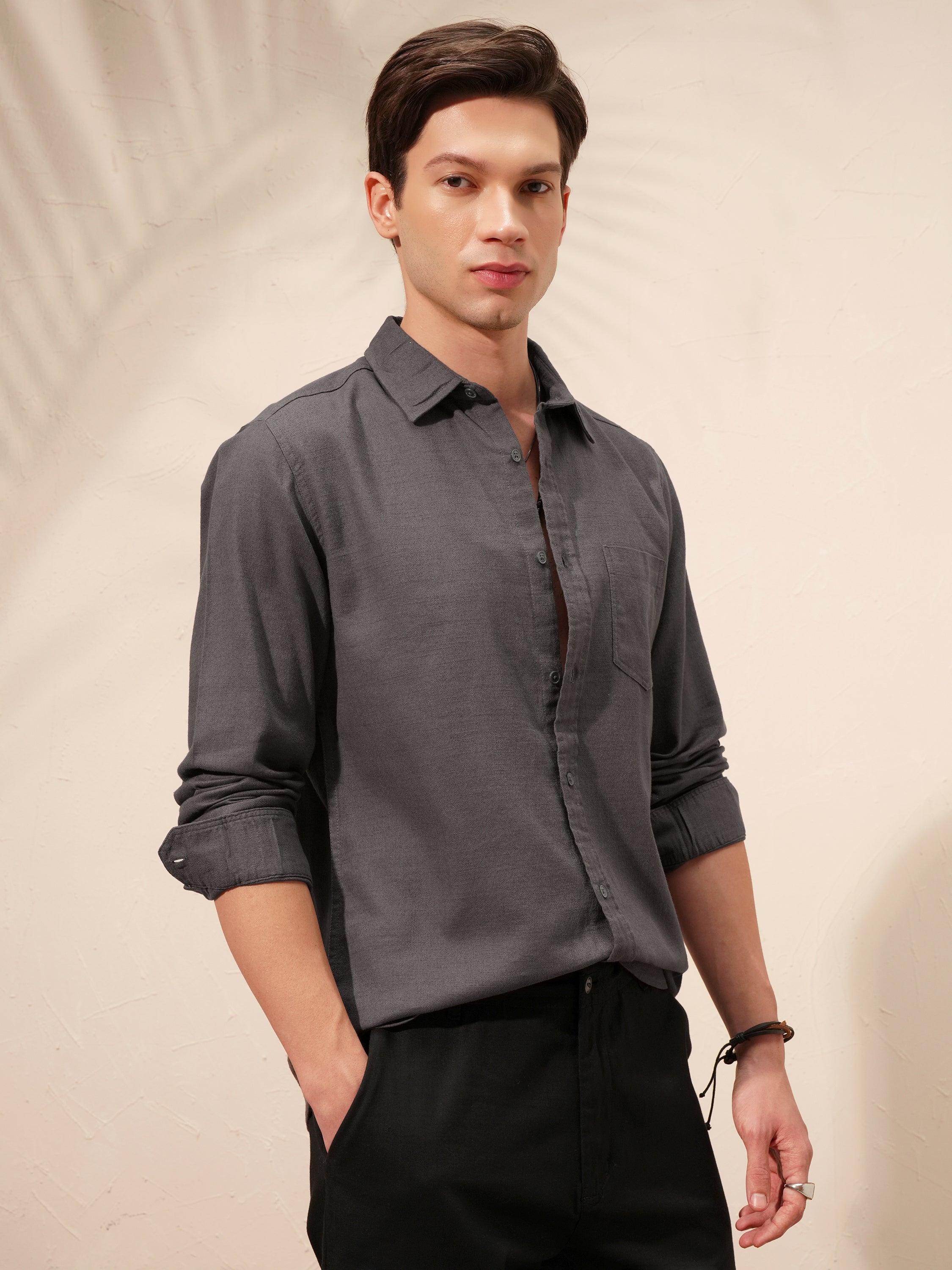 Highlander Men Grey Self Design Slim Fit Casual Shirt - Grey - Image 6