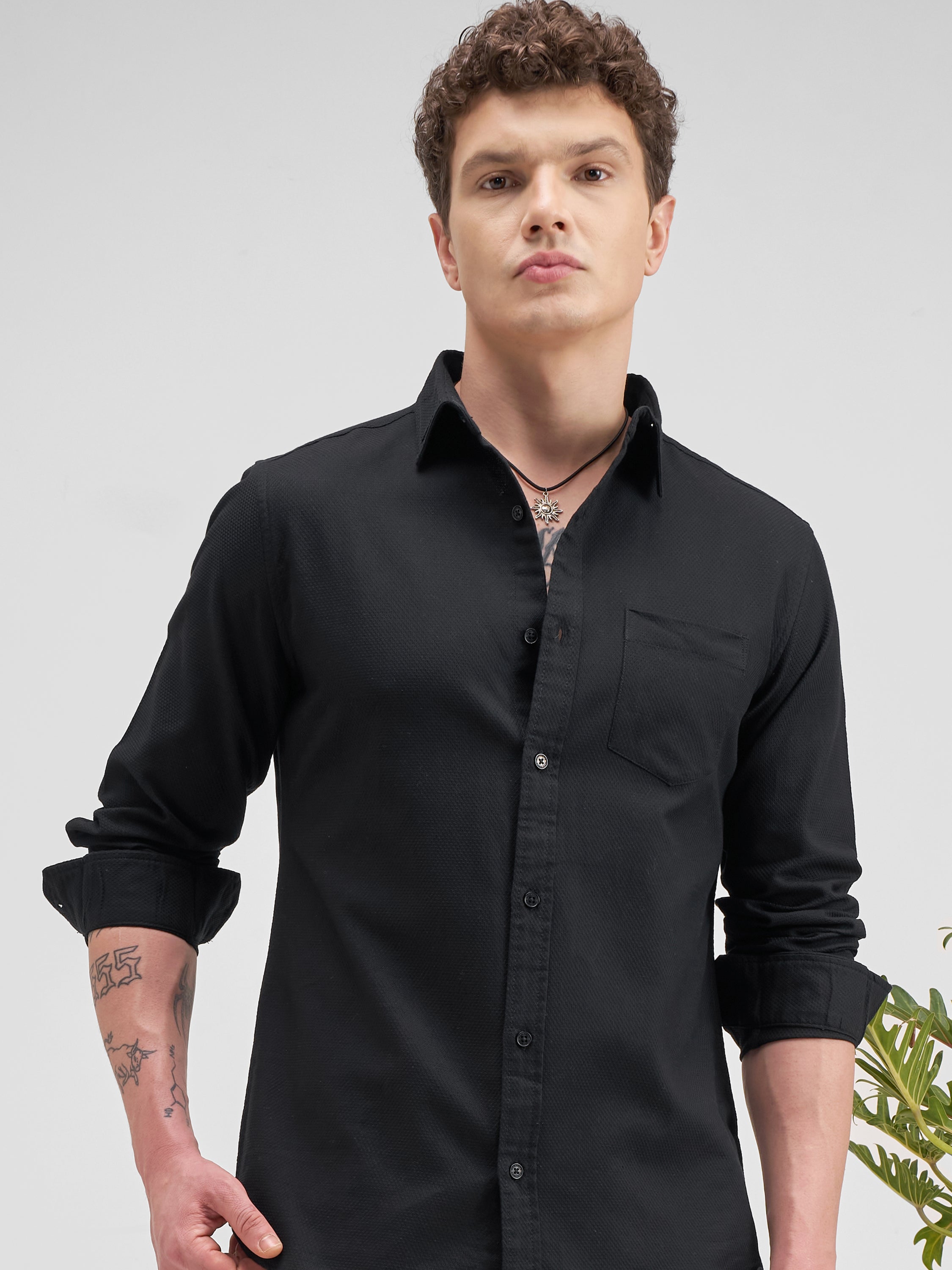 Highlander Men Black Self Design Slim Fit Casual Shirt - Black - Image 1