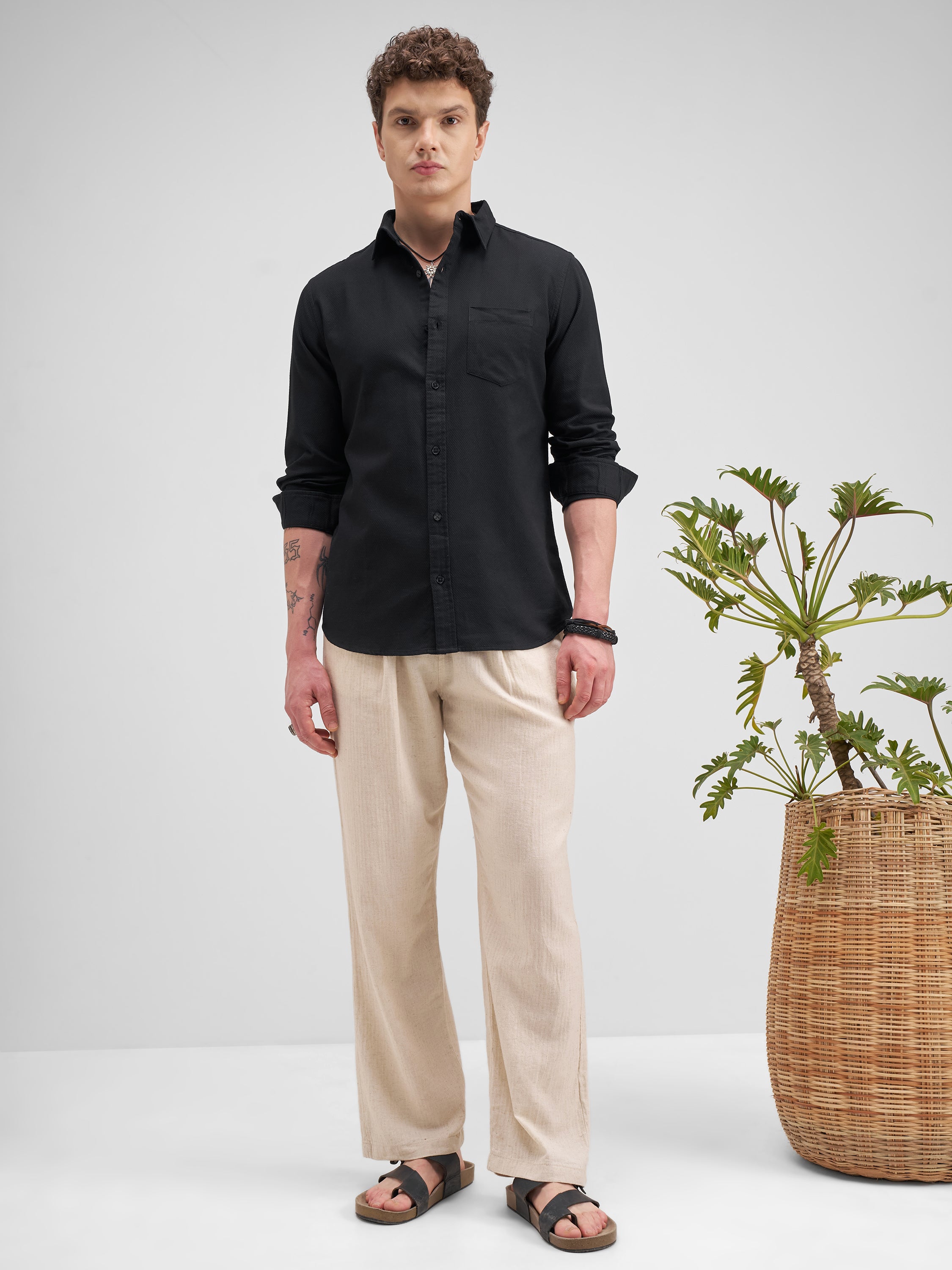 Highlander Men Black Self Design Slim Fit Casual Shirt - Black - Image 2