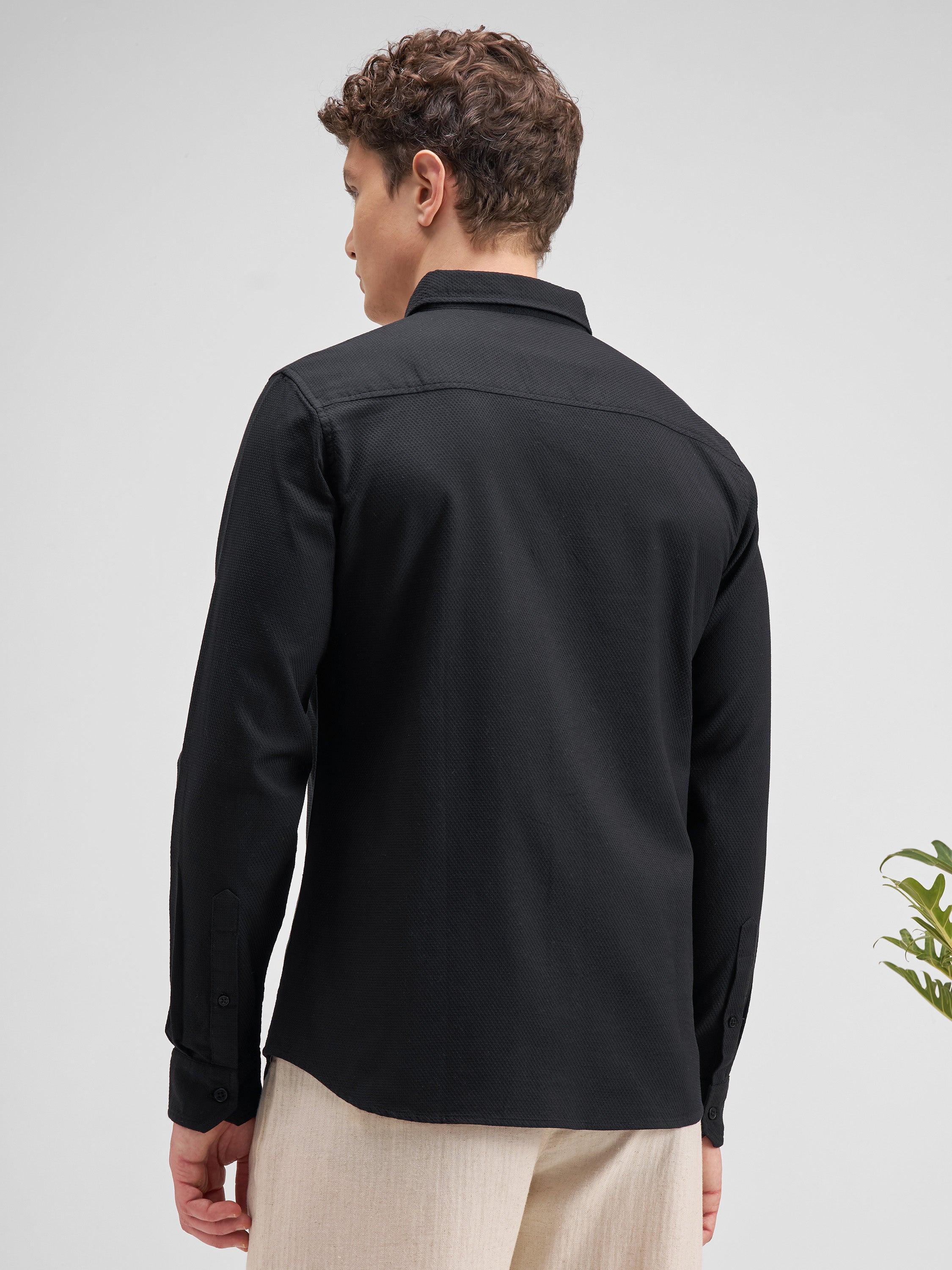 Highlander Men Black Self Design Slim Fit Casual Shirt - Black - Image 3