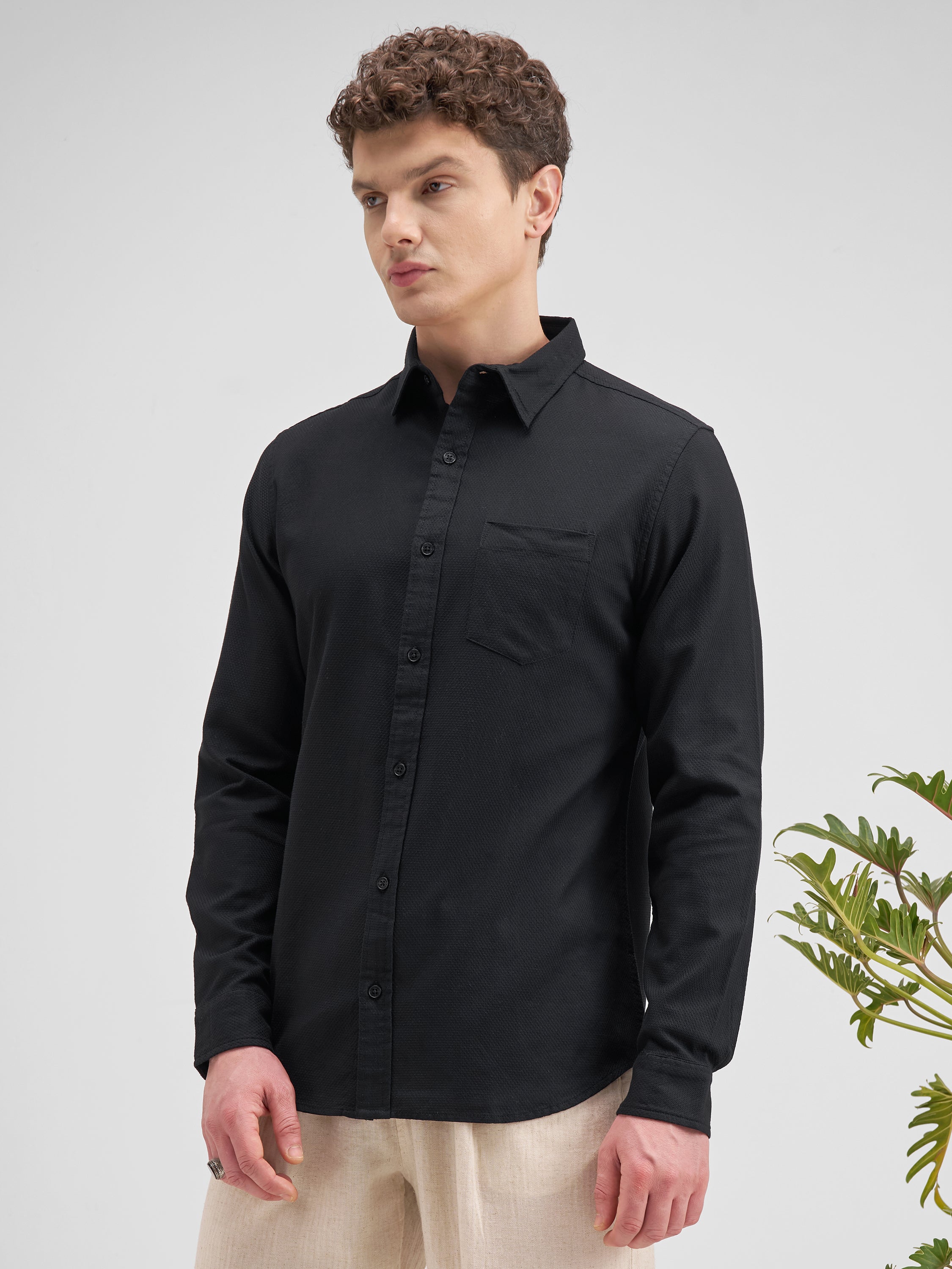 Highlander Men Black Self Design Slim Fit Casual Shirt - Black - Image 4
