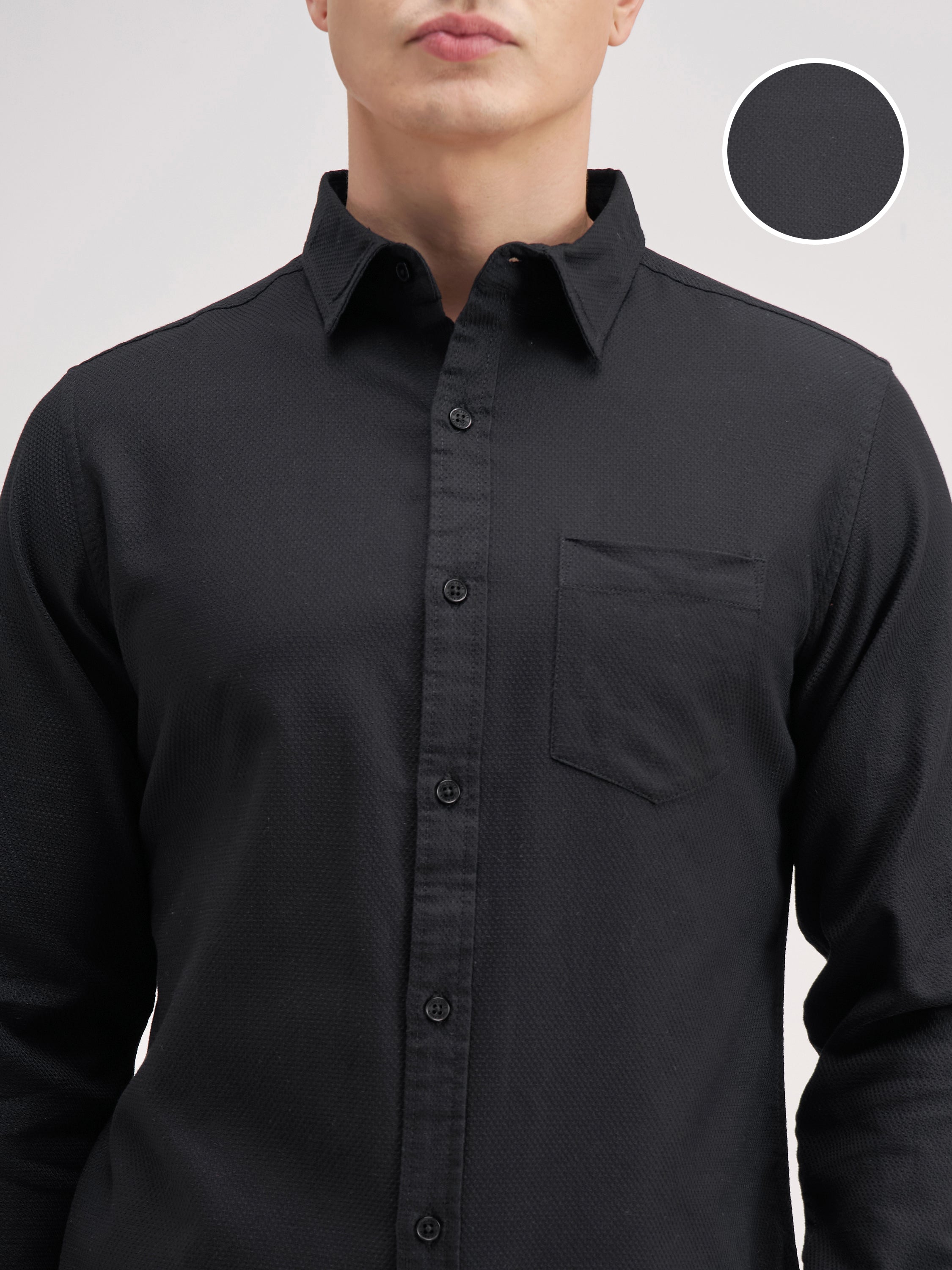 Highlander Men Black Self Design Slim Fit Casual Shirt - Black - Image 5