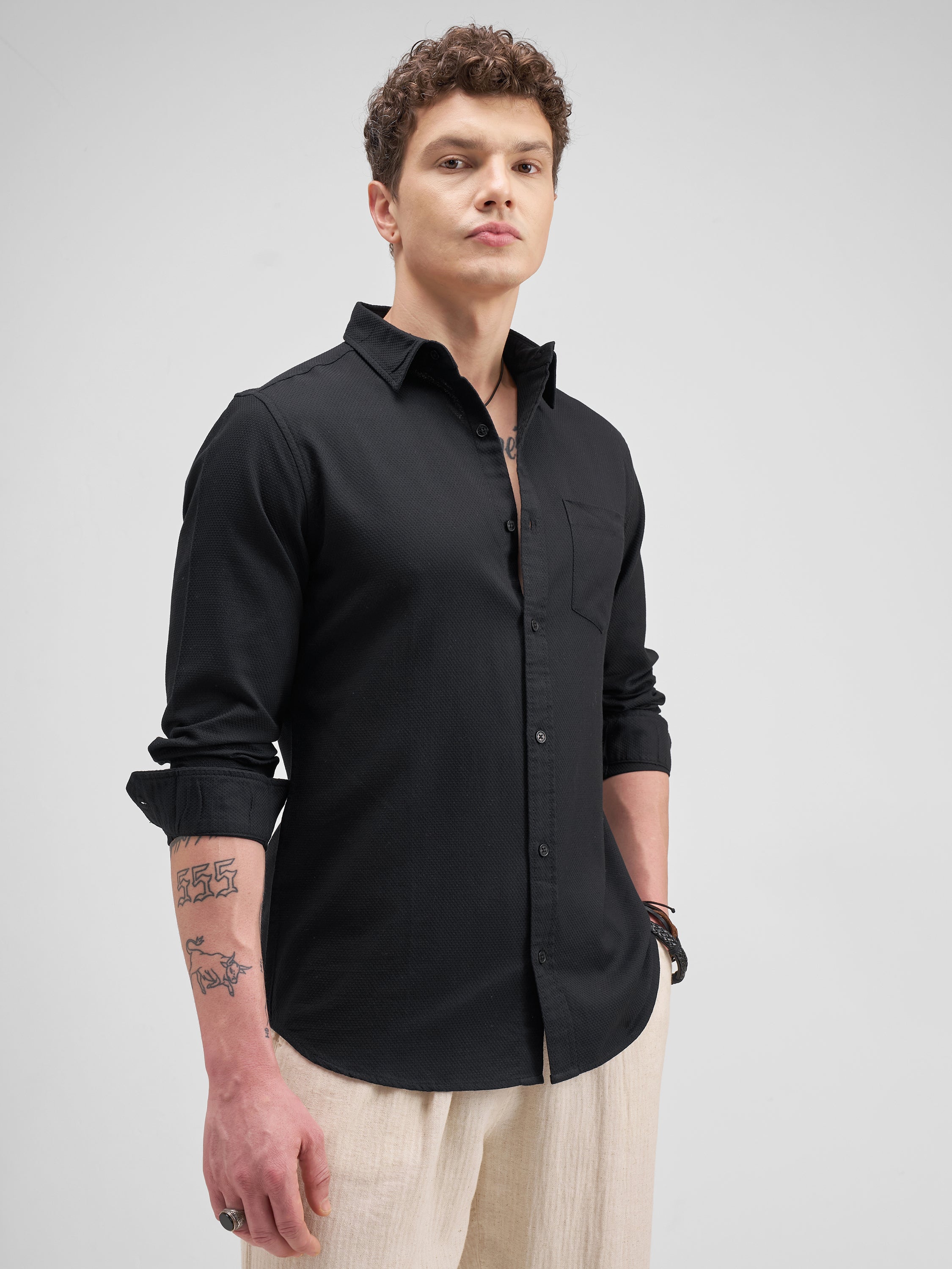 Highlander Men Black Self Design Slim Fit Casual Shirt - Black - Image 6