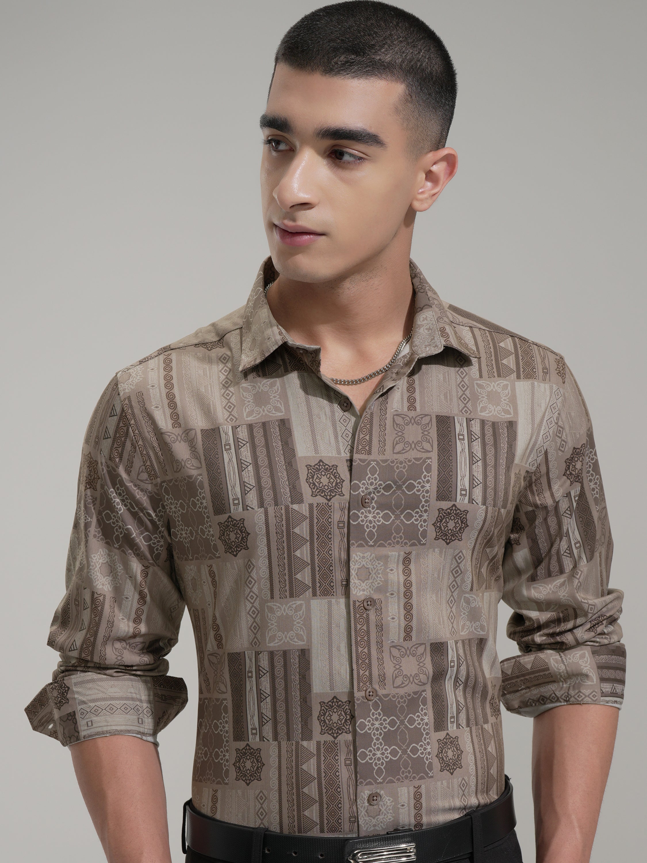 Highlander Men Beige Printed Slim Fit Casual Shirt - Beige - Image 1
