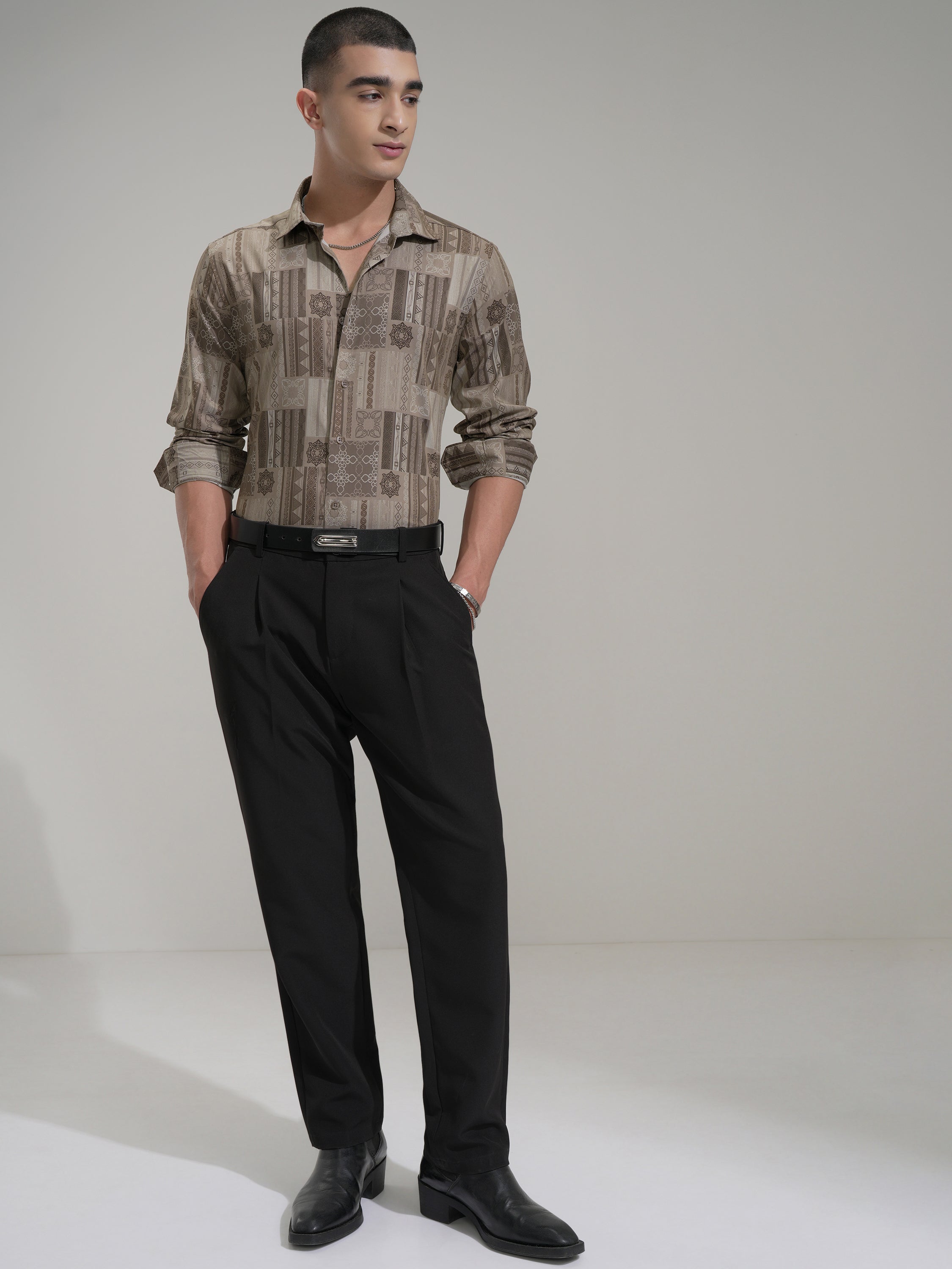 Highlander Men Beige Printed Slim Fit Casual Shirt - Beige - Image 2