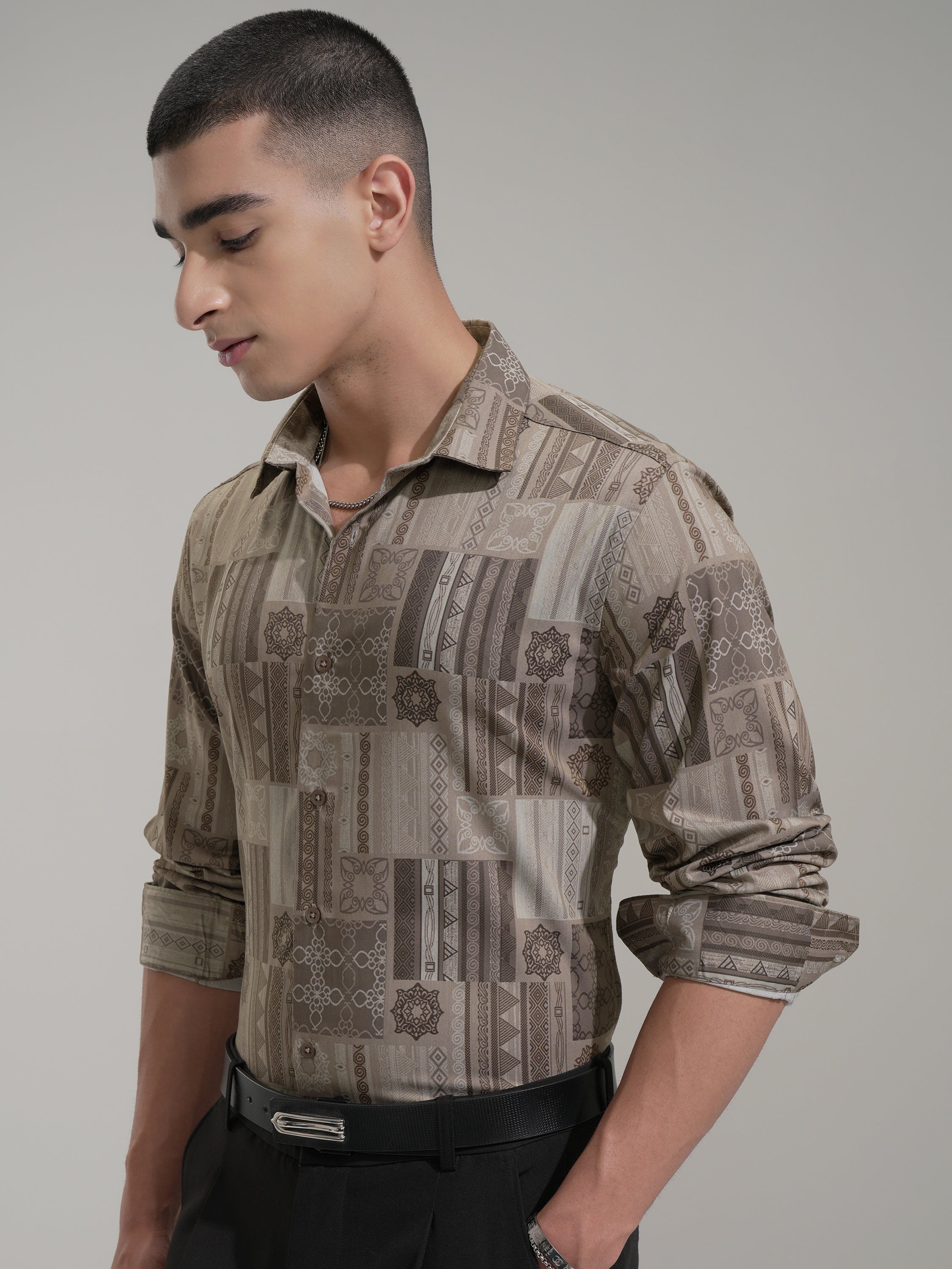 Highlander Men Beige Printed Slim Fit Casual Shirt - Beige - Image 4