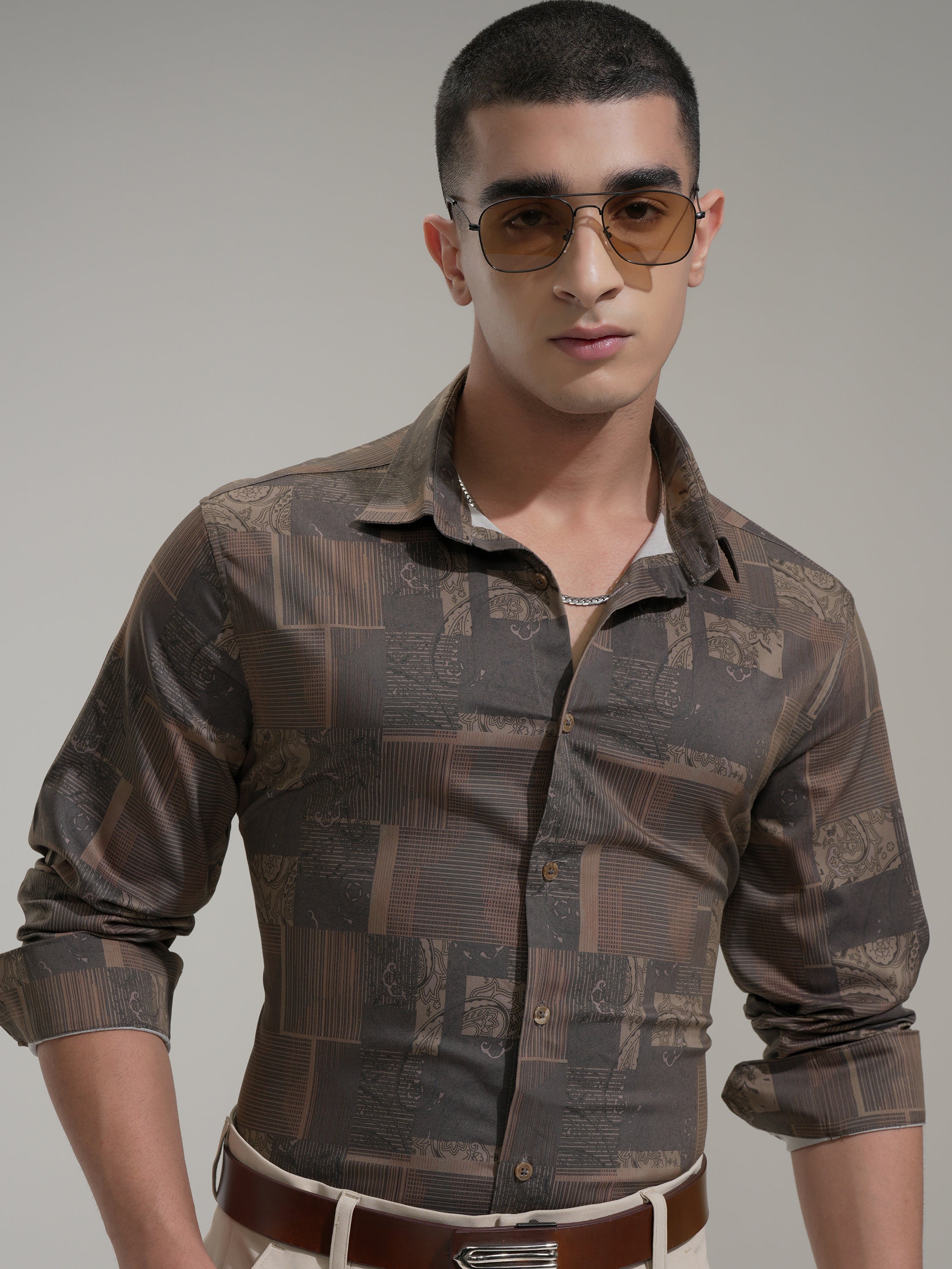 Highlander Men Khaki Printed Slim Fit Casual Shirt - Khaki - Image 1