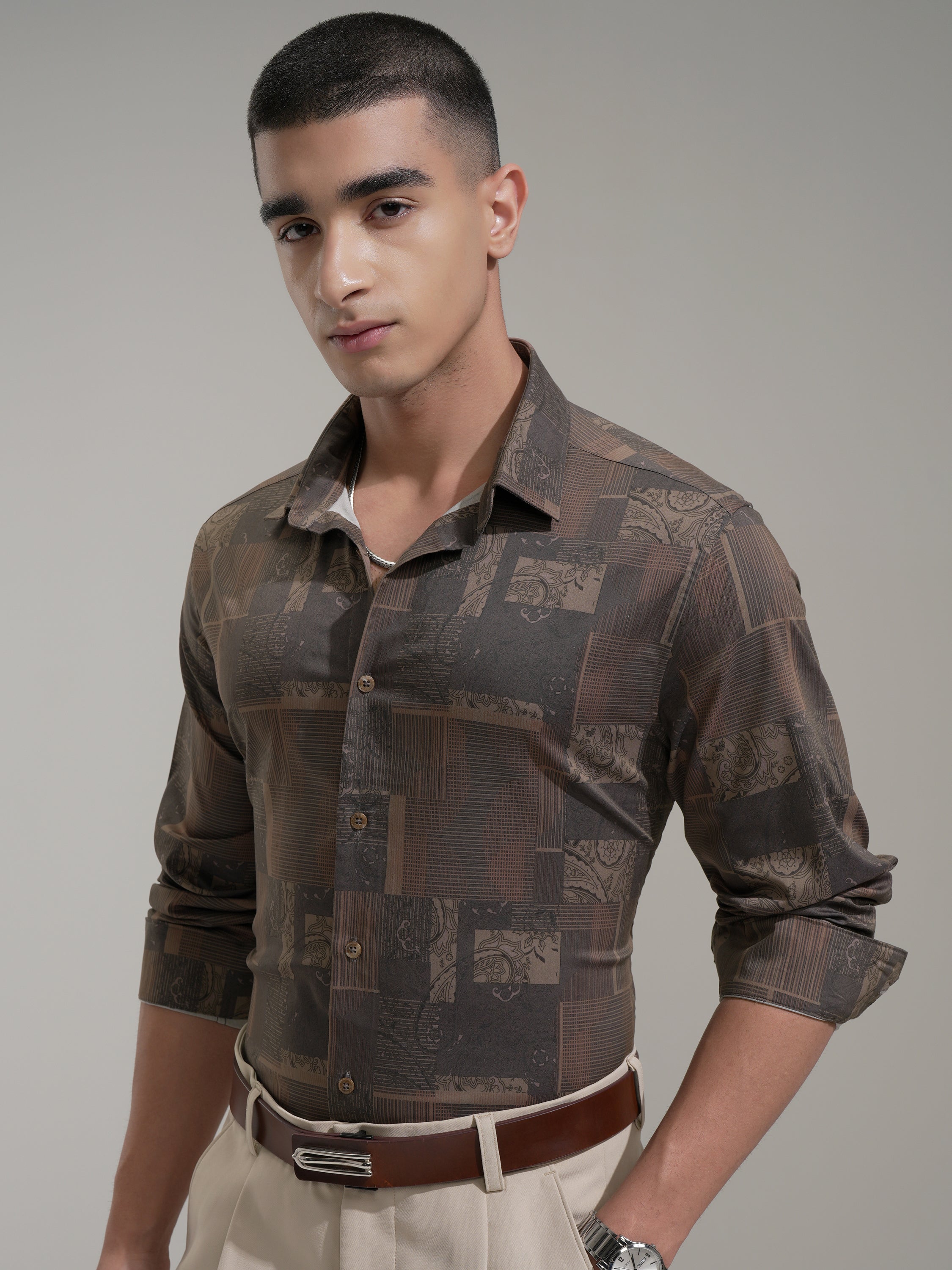 Highlander Men Khaki Printed Slim Fit Casual Shirt - Khaki - Image 4