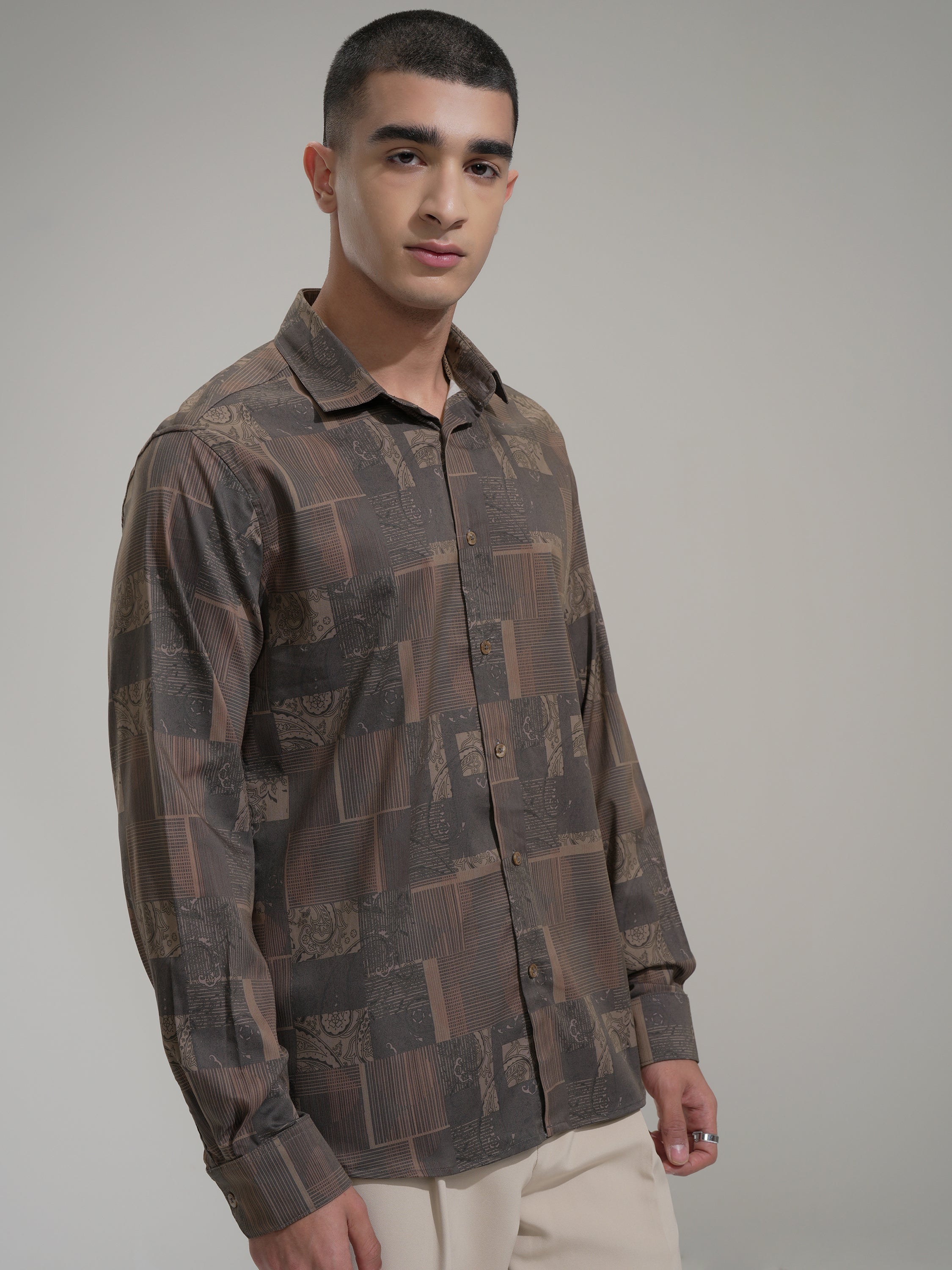 Highlander Men Khaki Printed Slim Fit Casual Shirt - Khaki - Image 6