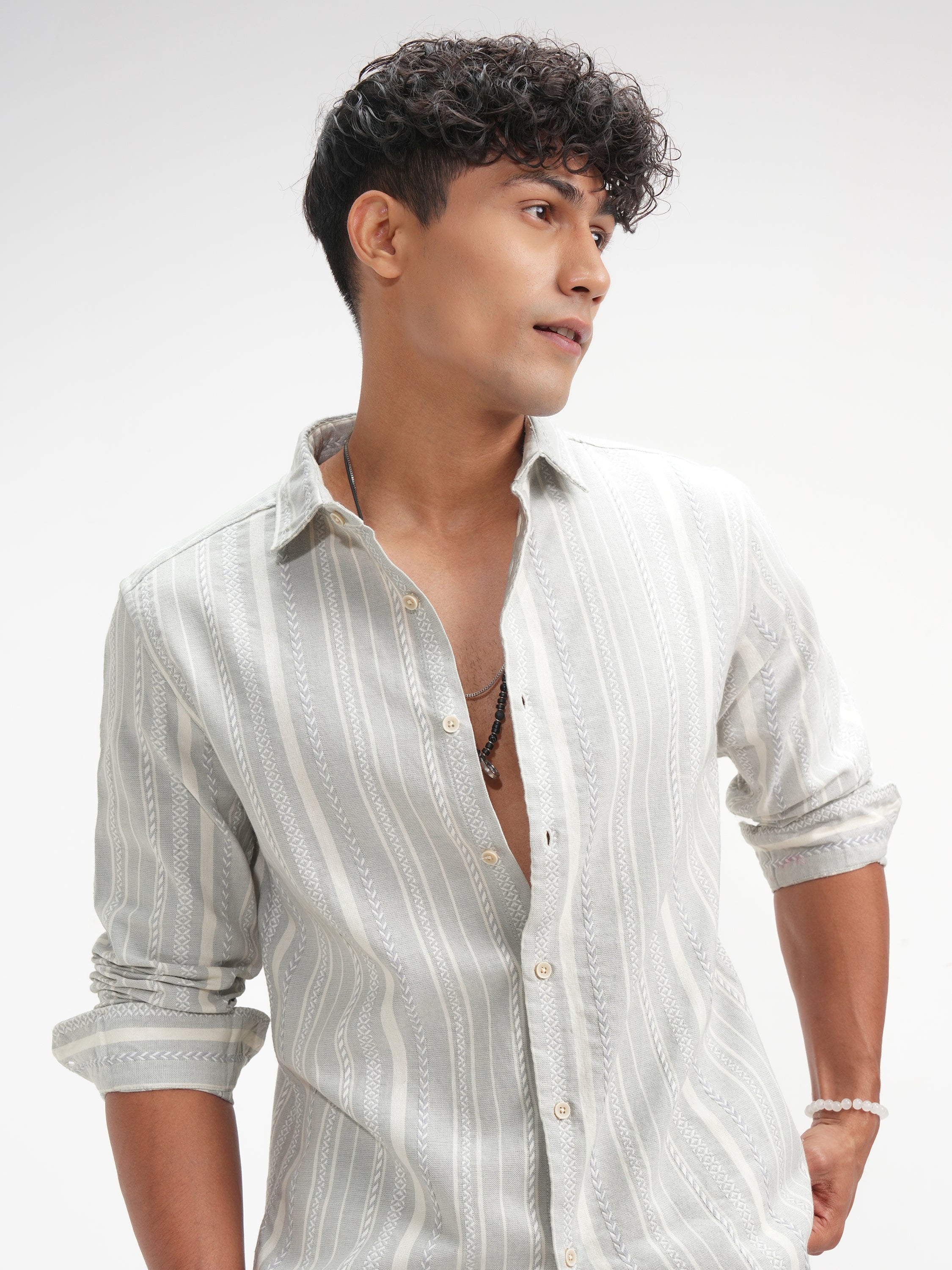 Highlander Men Grey Striped Slim Fit Casual Shirt - Grey - Image 1