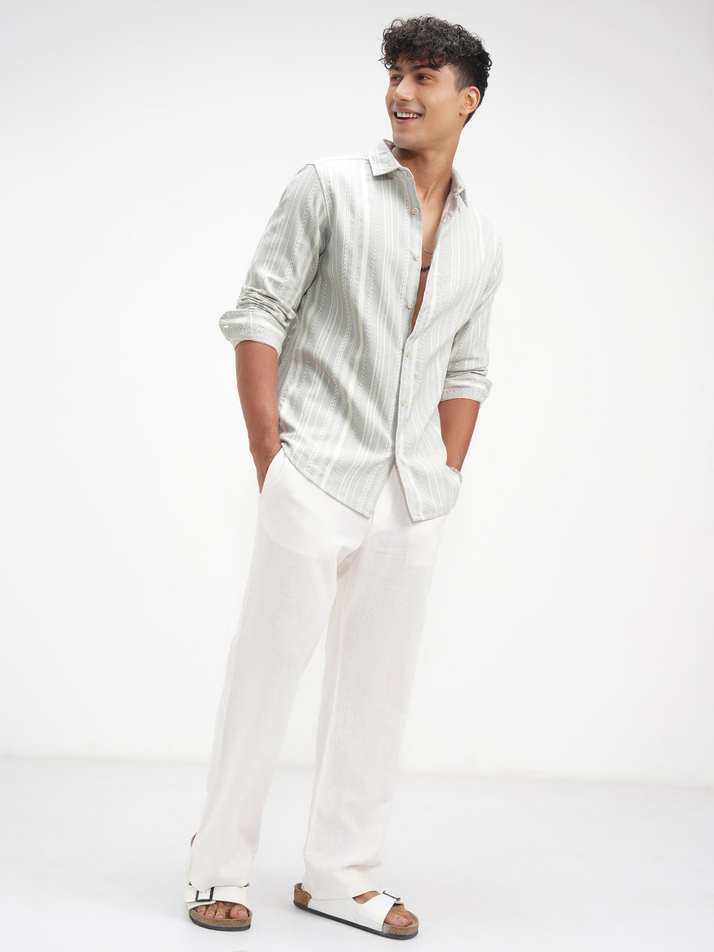 Highlander Men Grey Striped Slim Fit Casual Shirt - Grey - Image 2
