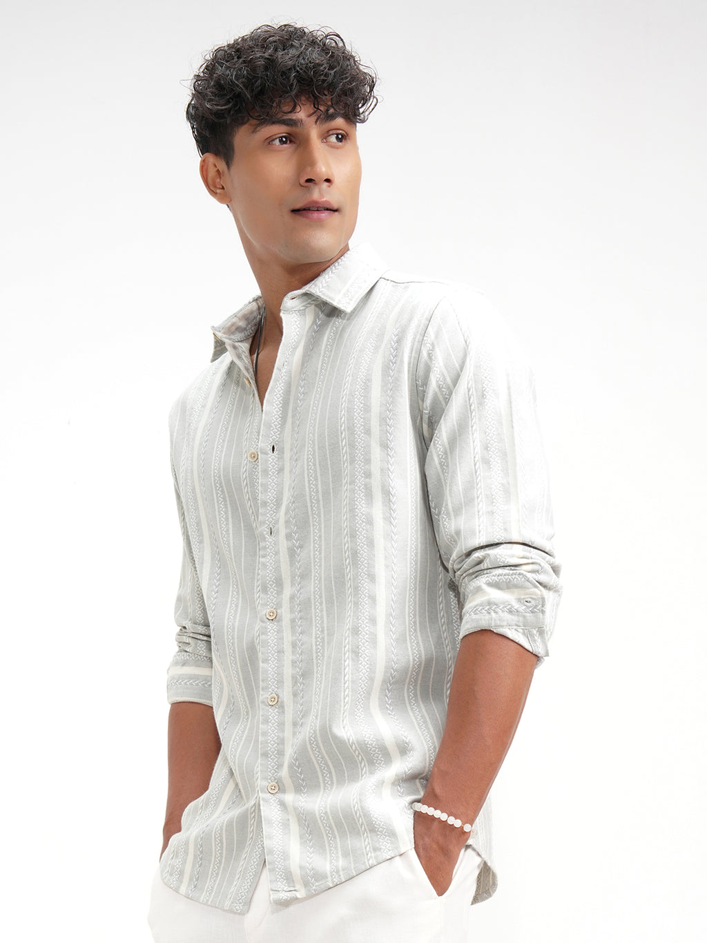 Highlander Men Grey Striped Slim Fit Casual Shirt - Grey - Image 4