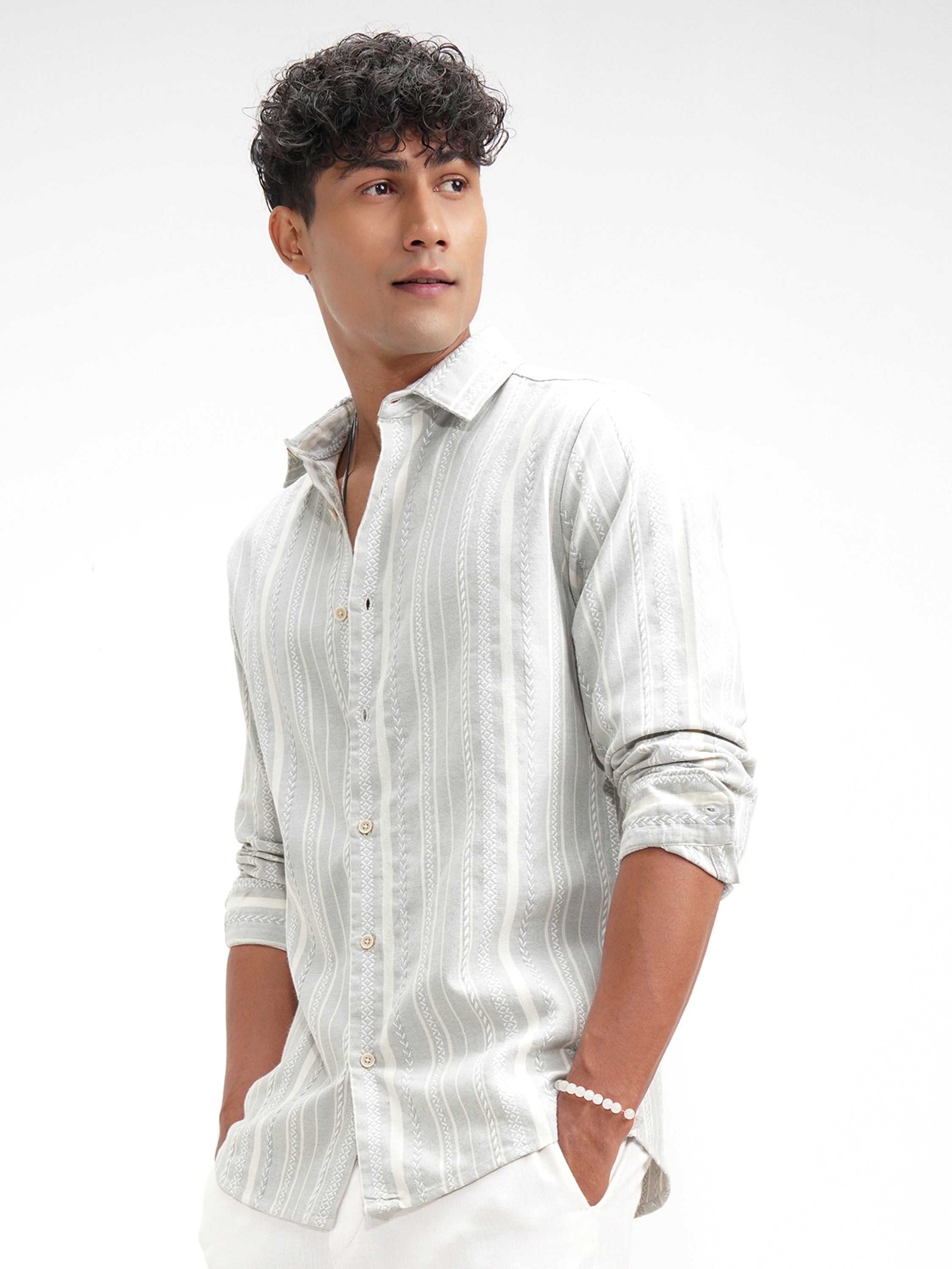 Highlander Men Grey Striped Slim Fit Casual Shirt - Grey - Image 4