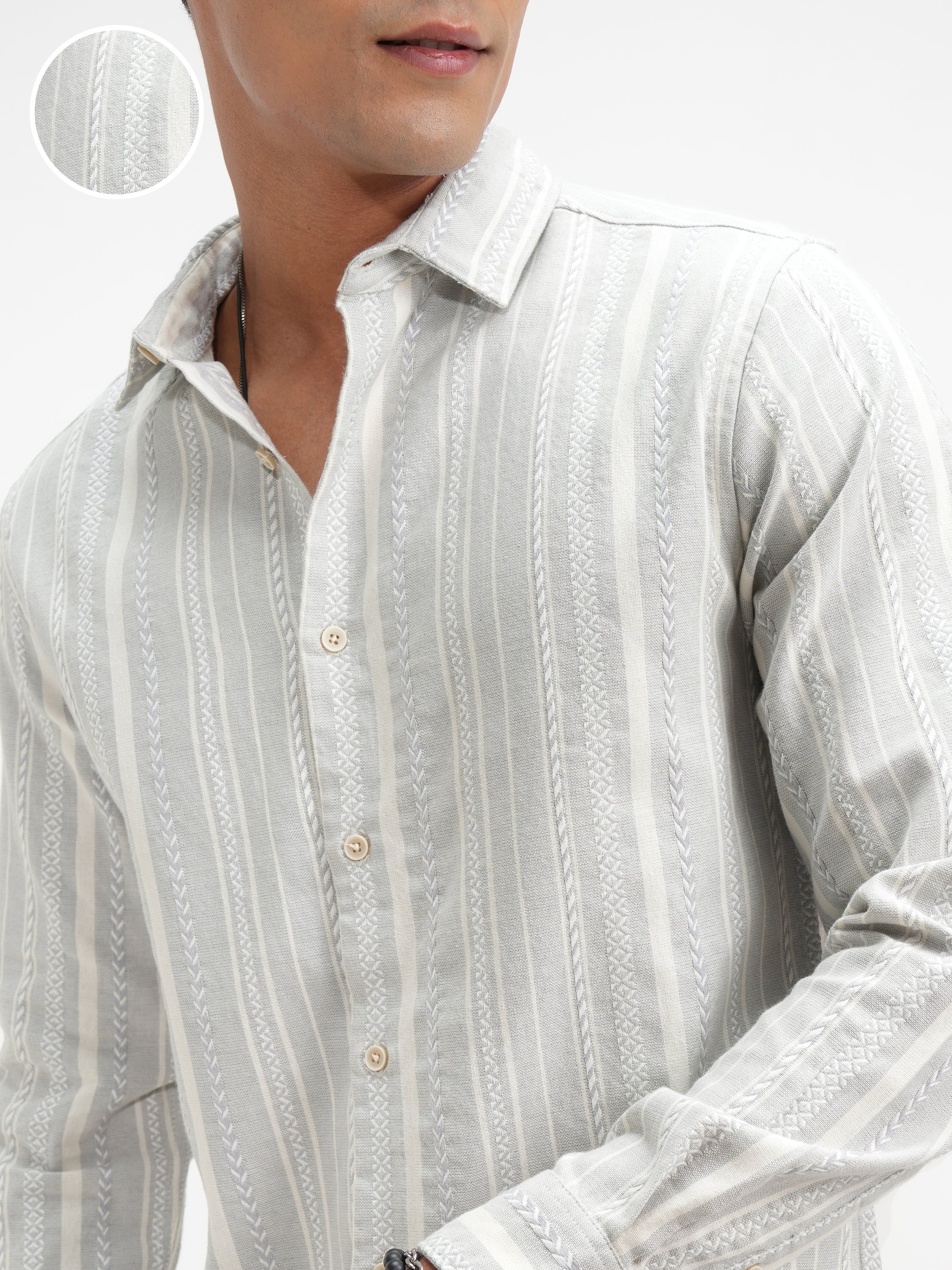 Highlander Men Grey Striped Slim Fit Casual Shirt - Grey - Image 5