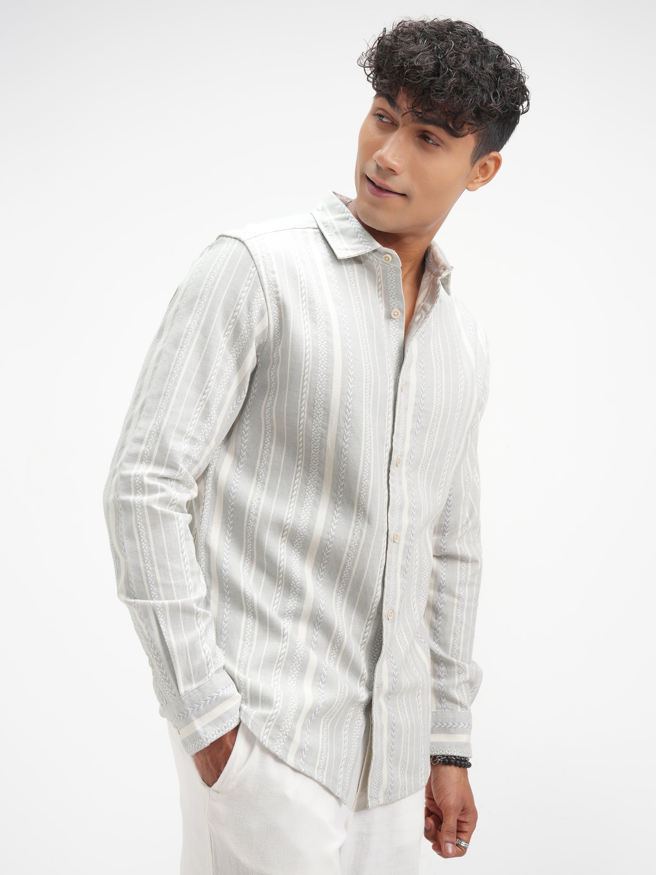 Highlander Men Grey Striped Slim Fit Casual Shirt - Grey - Image 6