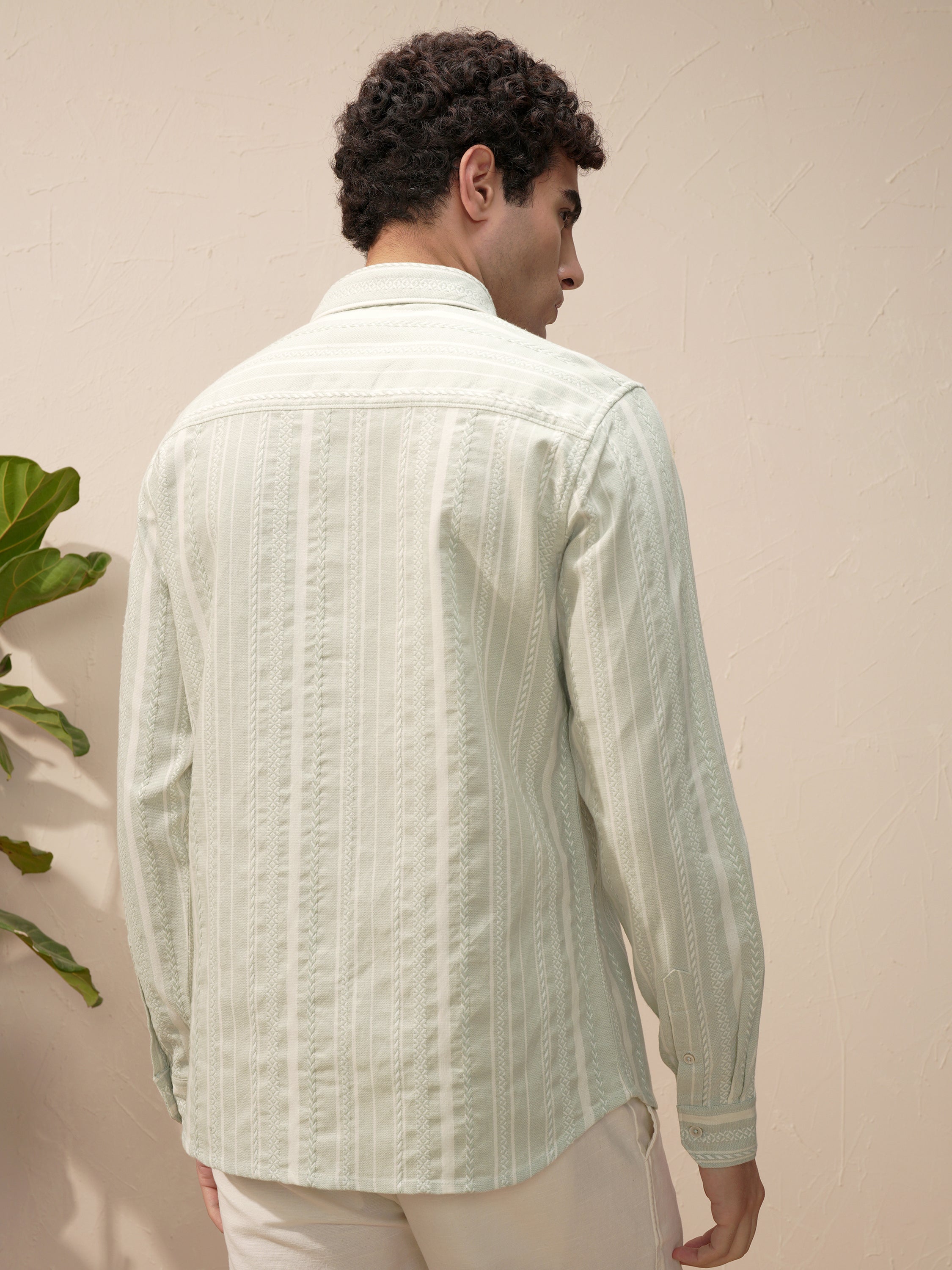 Highlander Men Green Self Design Slim Fit Casual Shirt - Green - Image 3