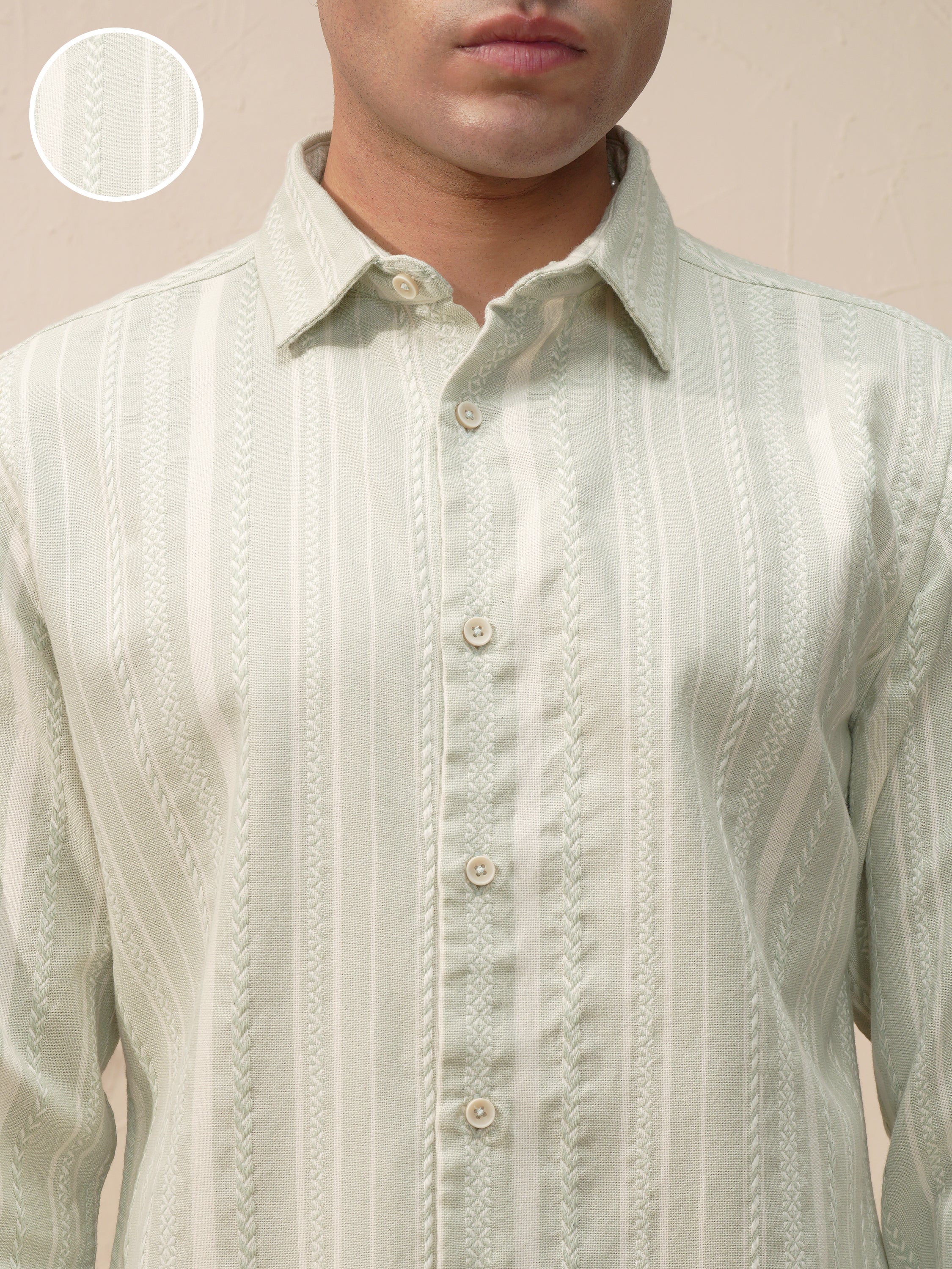 Highlander Men Green Self Design Slim Fit Casual Shirt - Green - Image 5