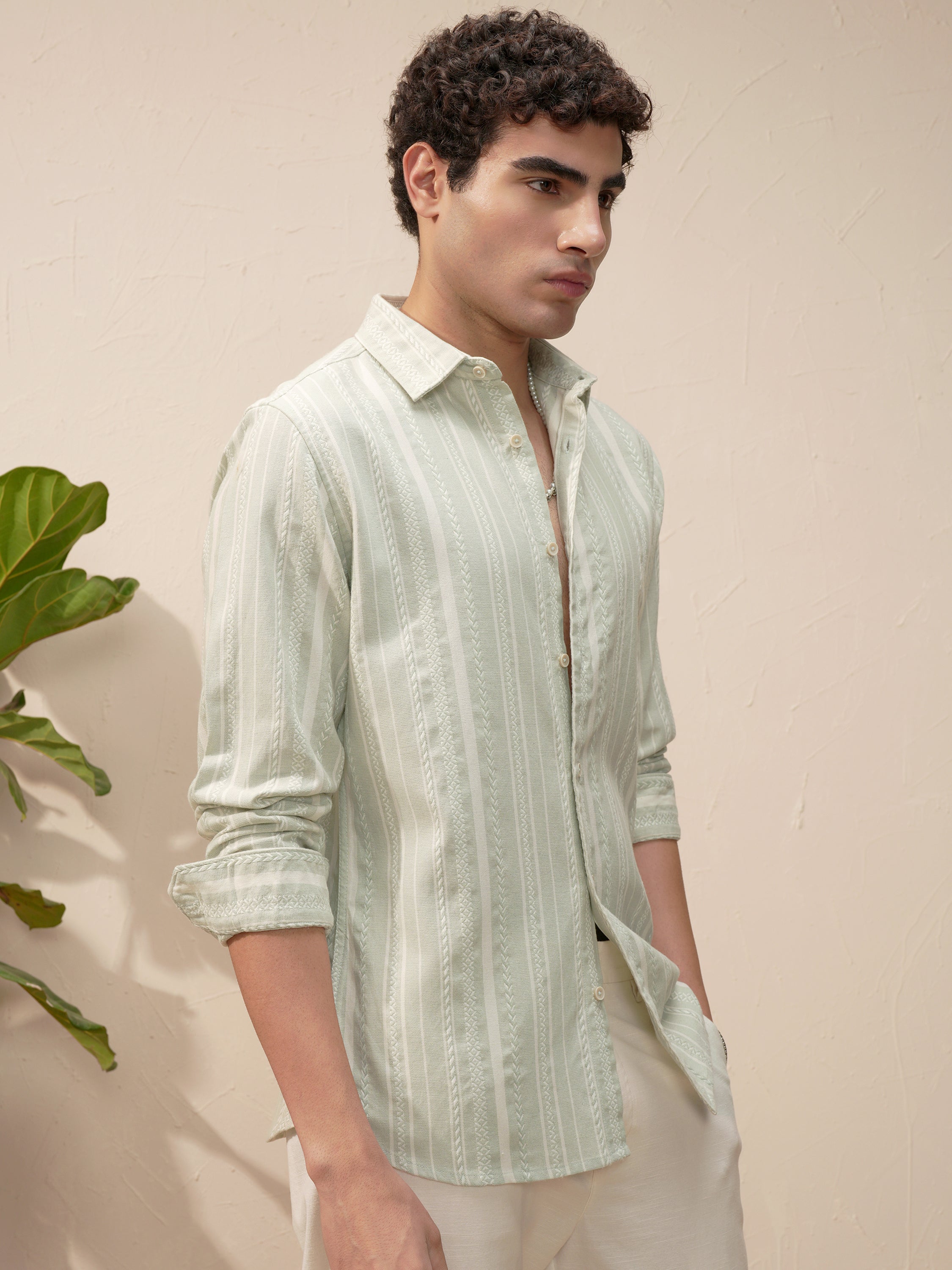 Highlander Men Green Self Design Slim Fit Casual Shirt - Green - Image 6