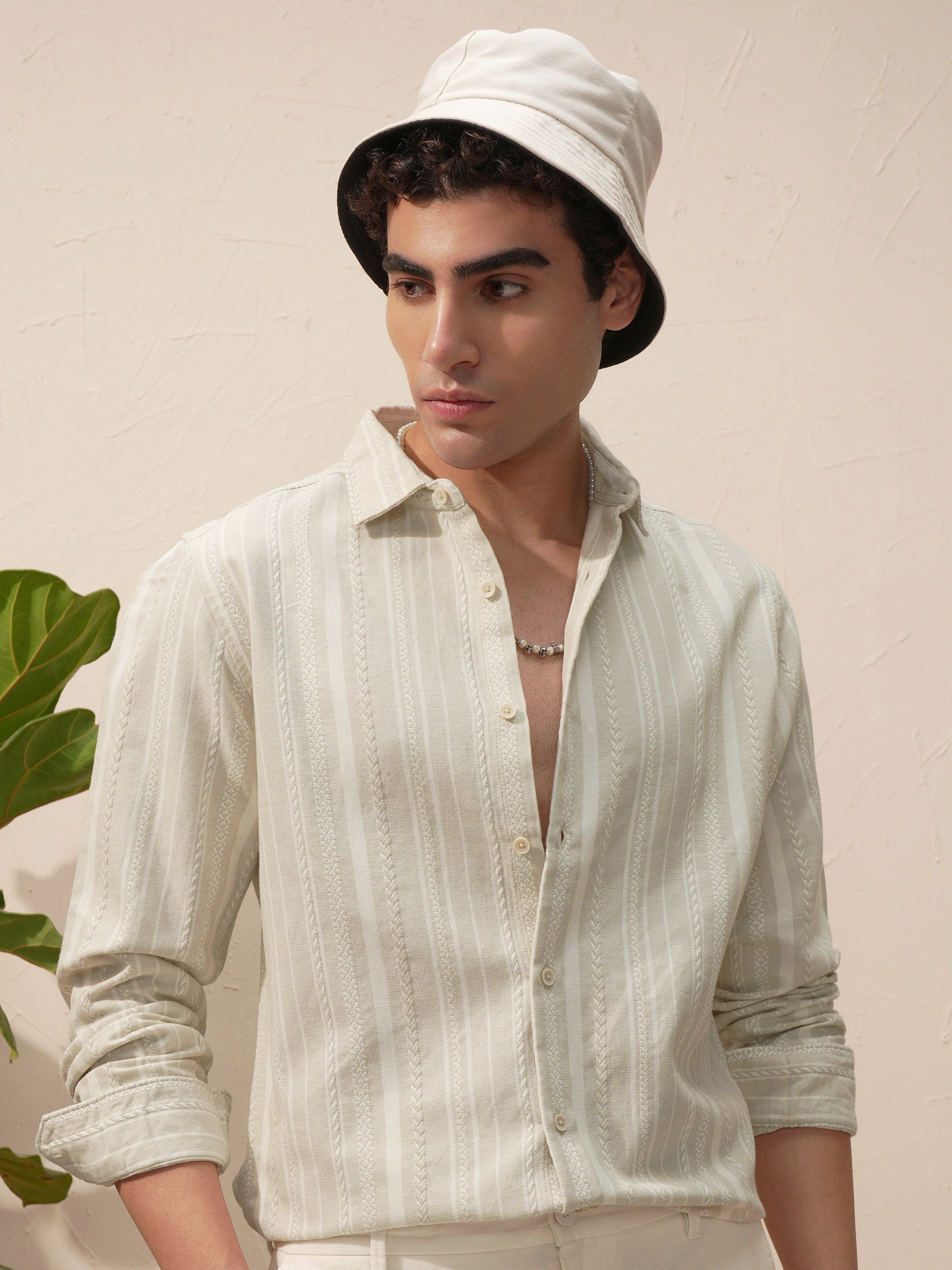 Highlander Men Beige Striped Slim Fit Casual Shirt - Beige - Image 1