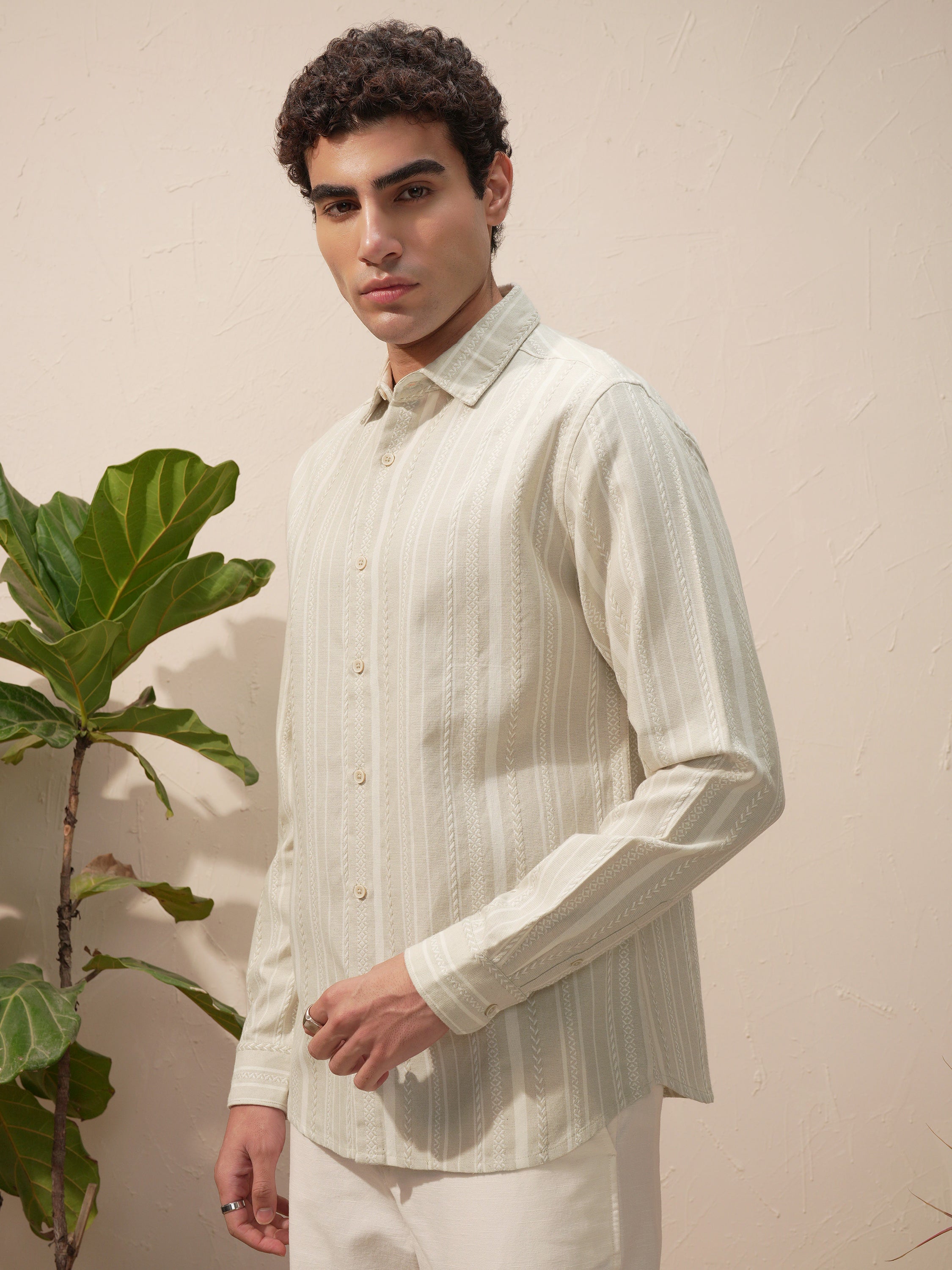 Highlander Men Beige Striped Slim Fit Casual Shirt - Beige - Image 4