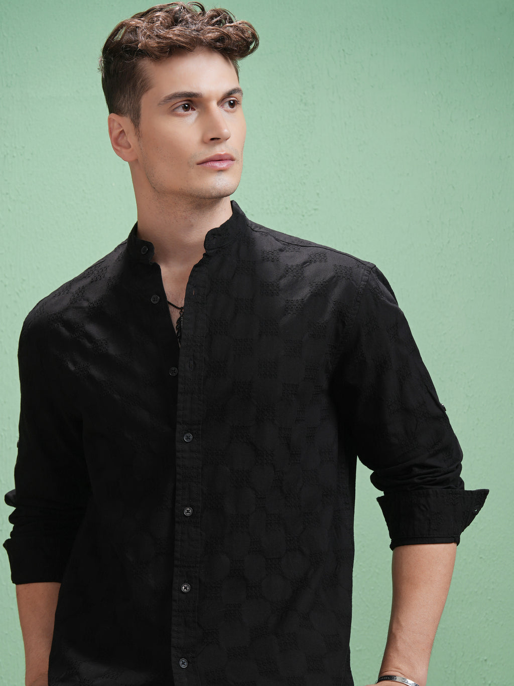 Highlander Men Black Textured Relaxed Fit Casual Shirt - Black - Image 1