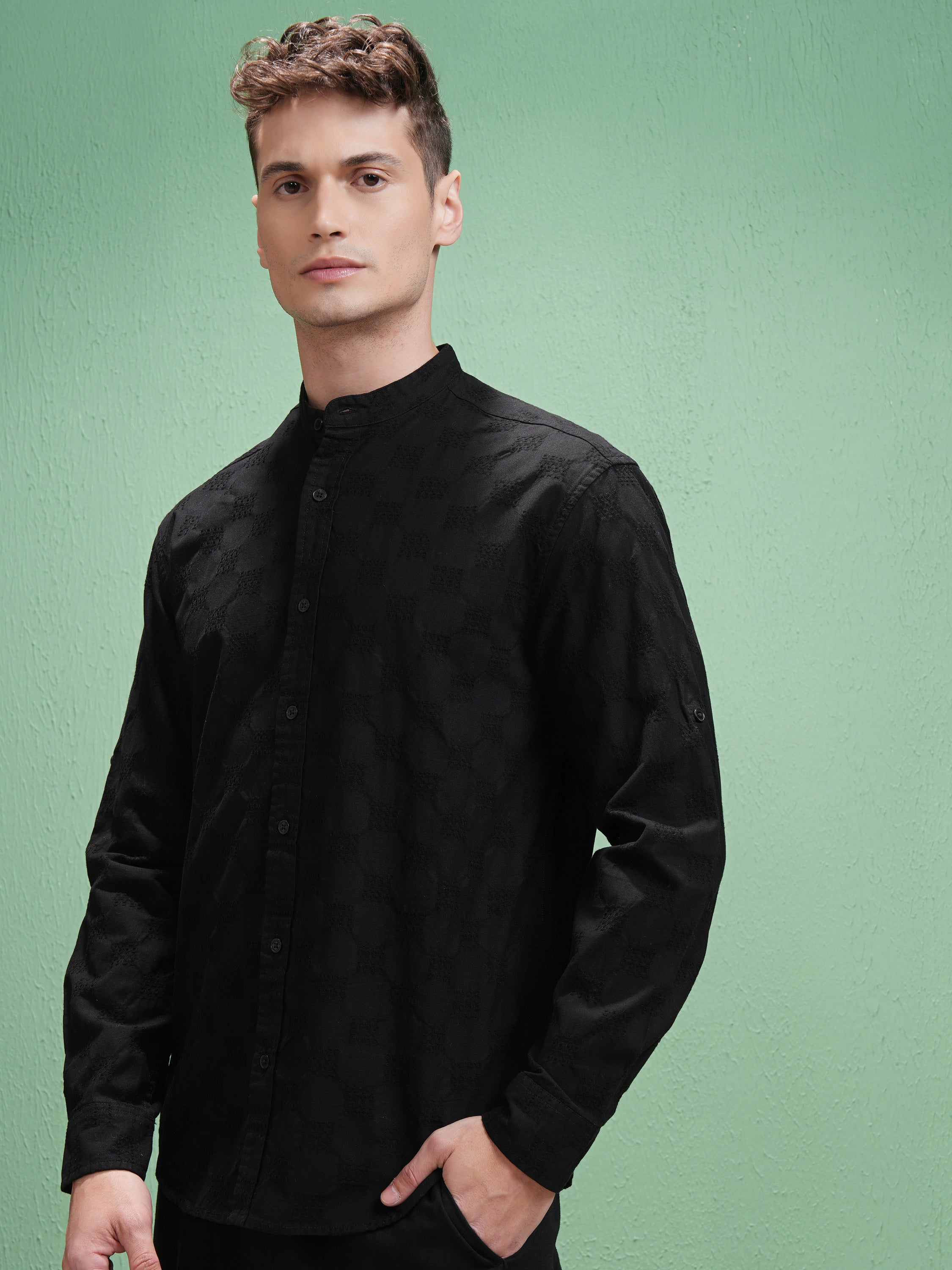 Highlander Men Black Textured Relaxed Fit Casual Shirt - Black - Image 4