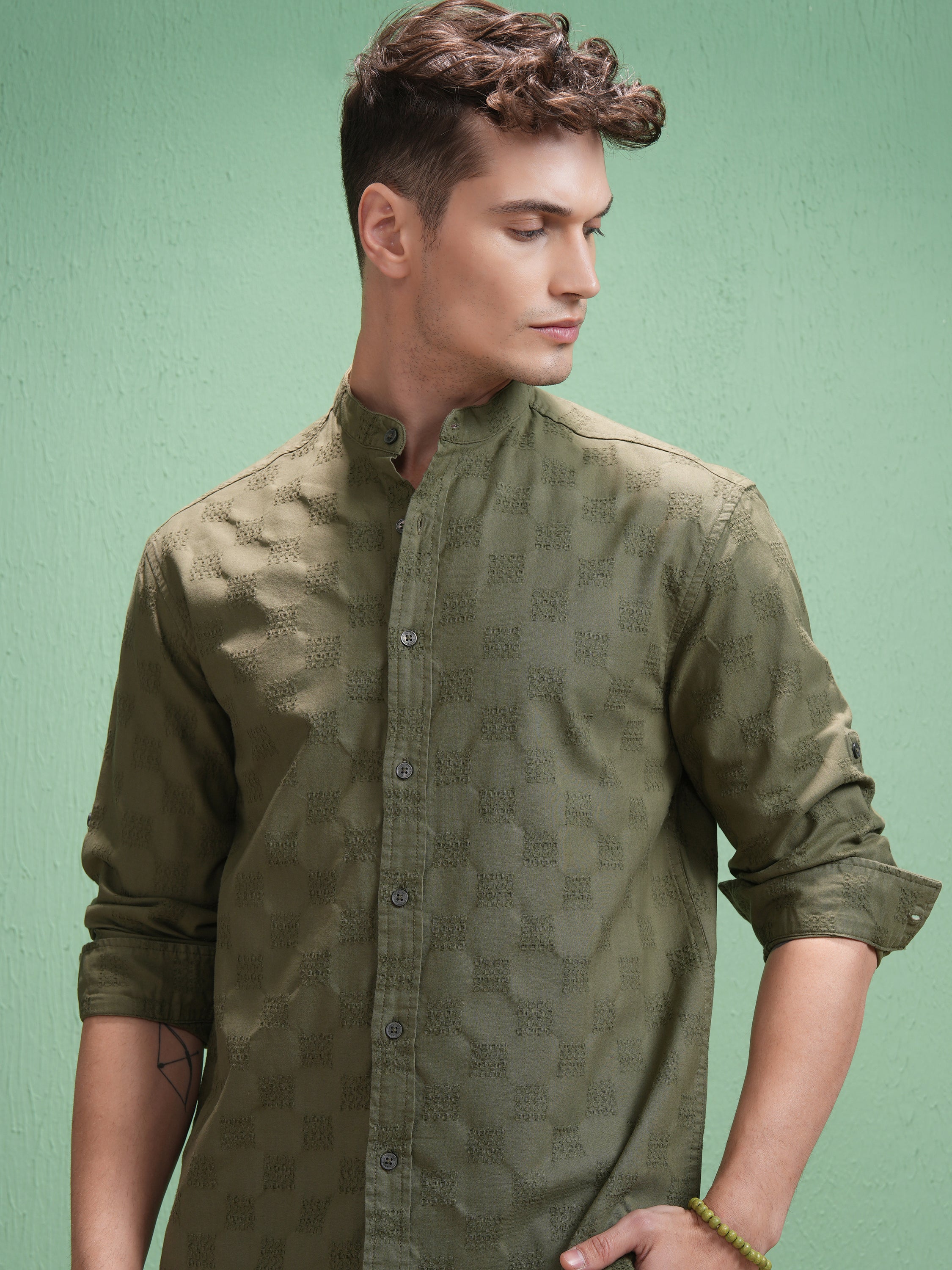 Highlander Men Olive Textured Relaxed Fit Casual Shirt - Olive - Image 1