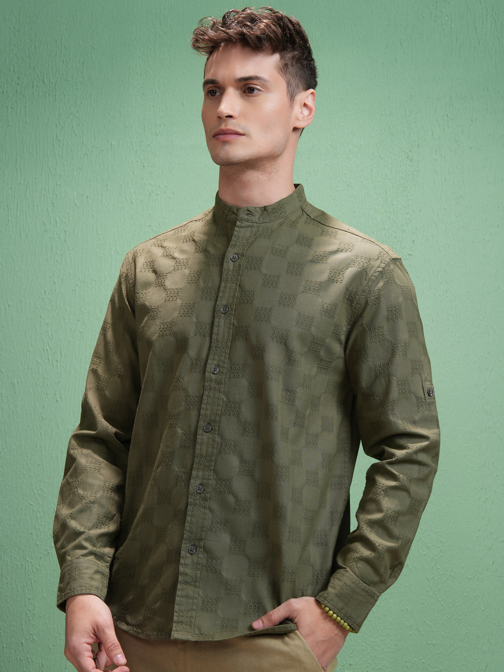 Highlander Men Olive Textured Relaxed Fit Casual Shirt - Olive - Image 4