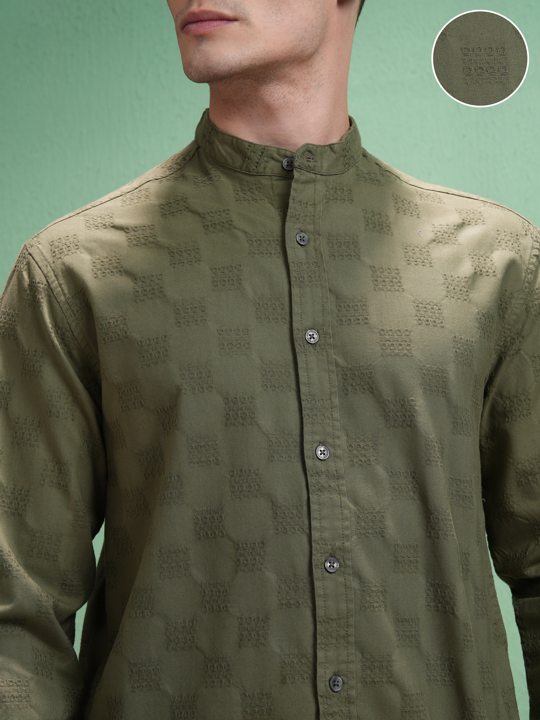 Highlander Men Olive Textured Relaxed Fit Casual Shirt - Olive - Image 5