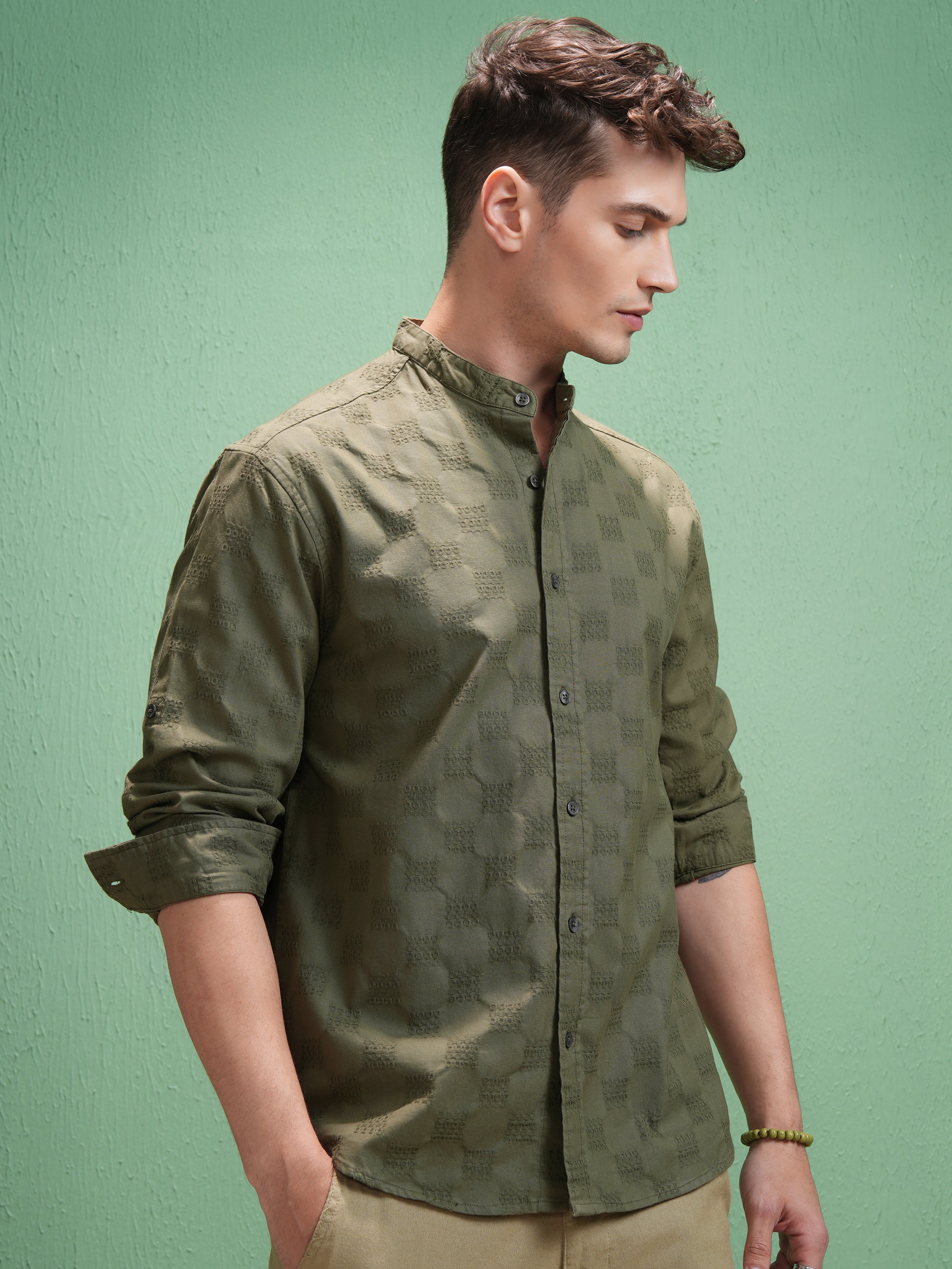 Highlander Men Olive Textured Relaxed Fit Casual Shirt - Olive - Image 6