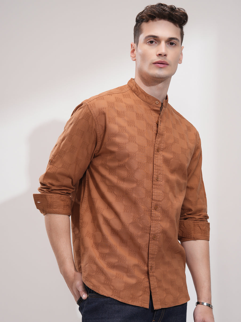 Highlander Men Rust Textured Relaxed Fit Casual Shirt - Rust - Image 6
