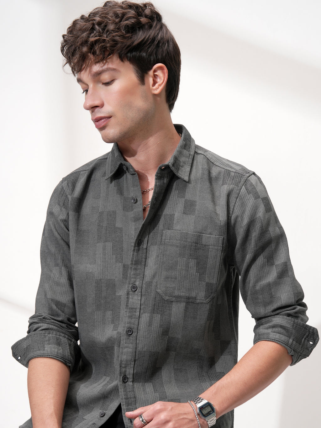 Highlander Men Charcoal Self Design Slim Fit Casual Shirt - Charcoal - Image 1