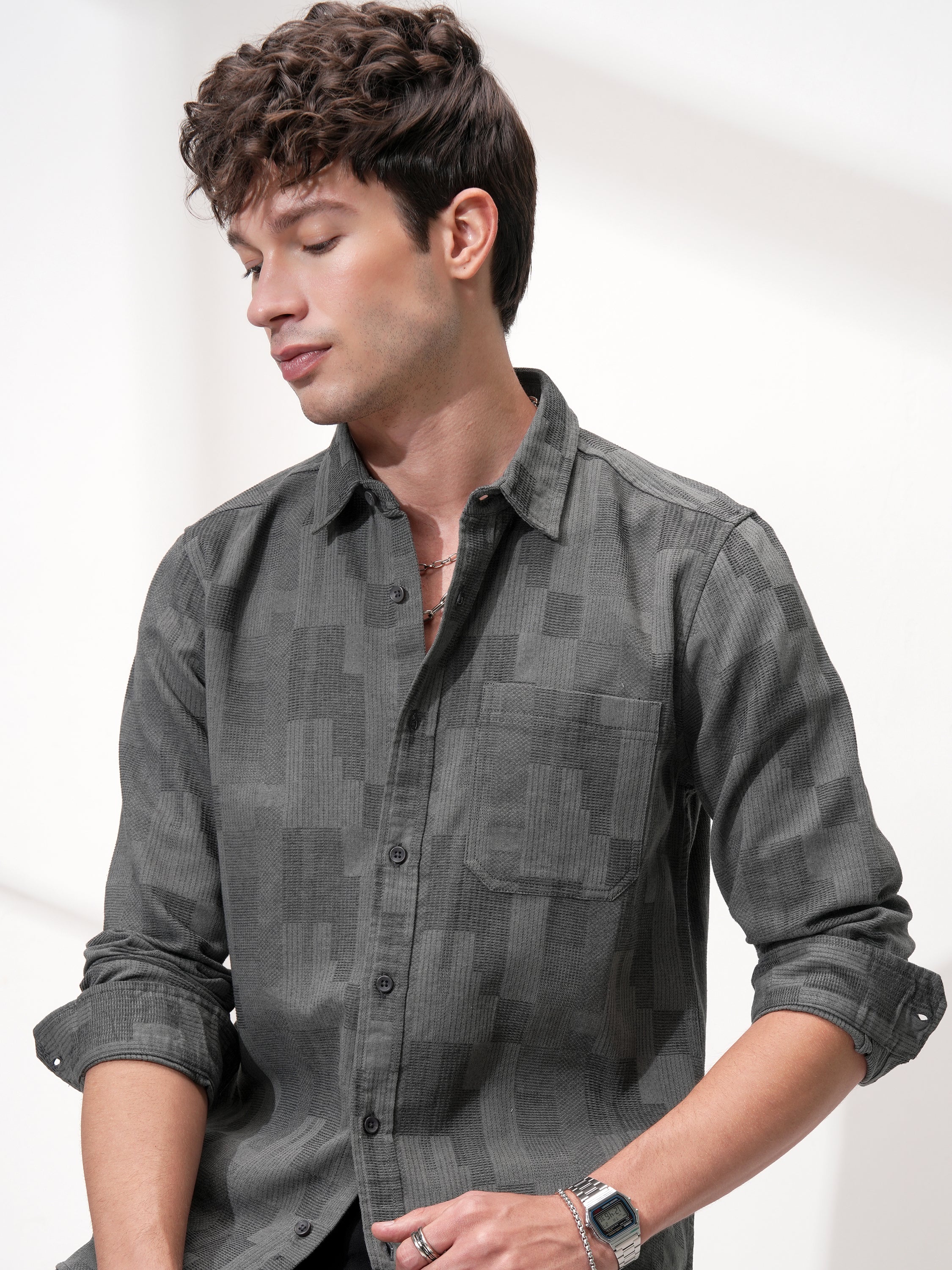Highlander Men Charcoal Self Design Slim Fit Casual Shirt - Charcoal - Image 1