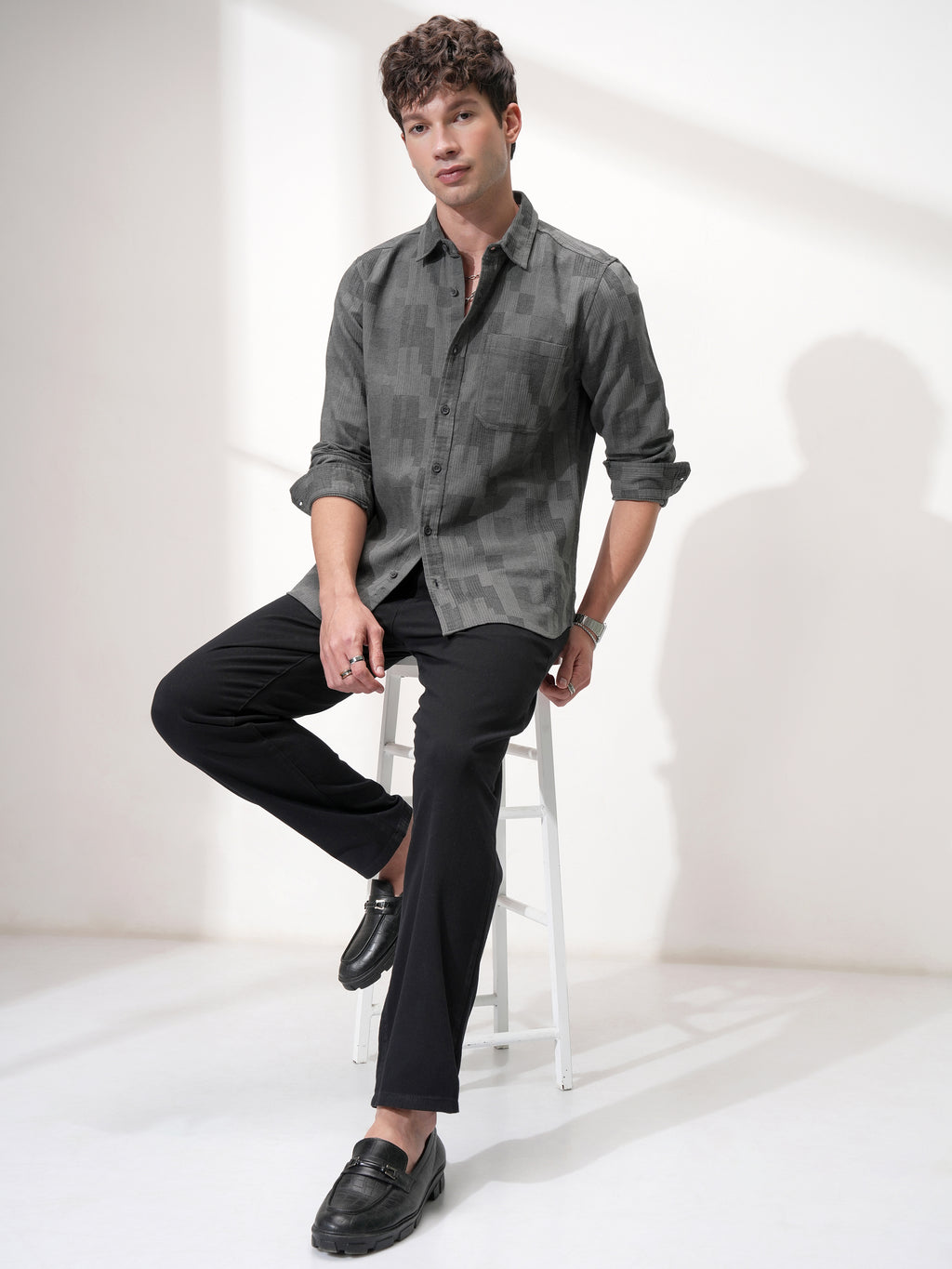 Highlander Men Charcoal Self Design Slim Fit Casual Shirt - Charcoal - Image 2