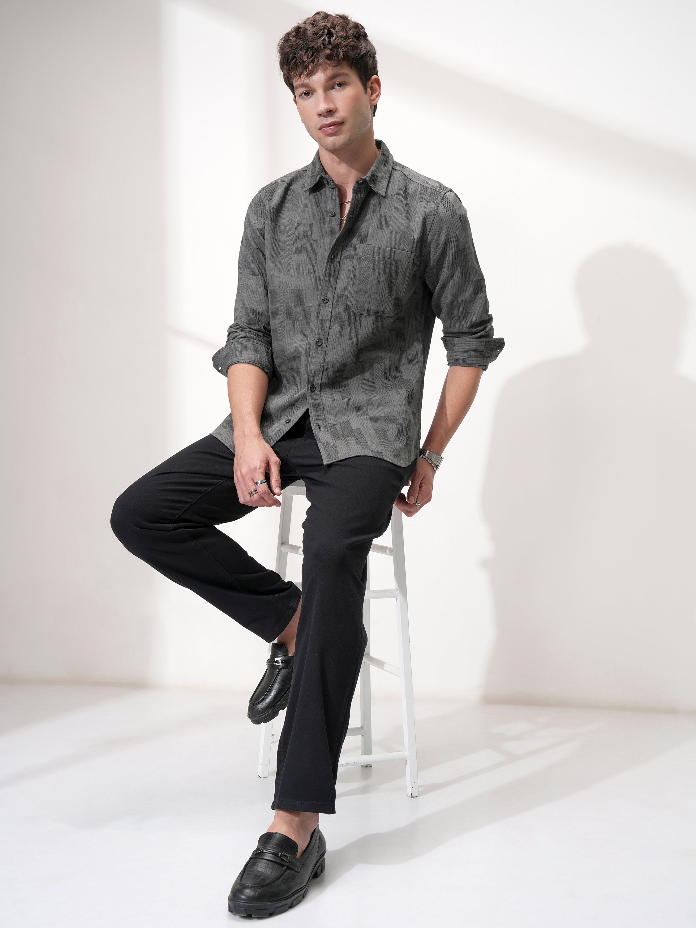 Highlander Men Charcoal Self Design Slim Fit Casual Shirt - Charcoal - Image 2