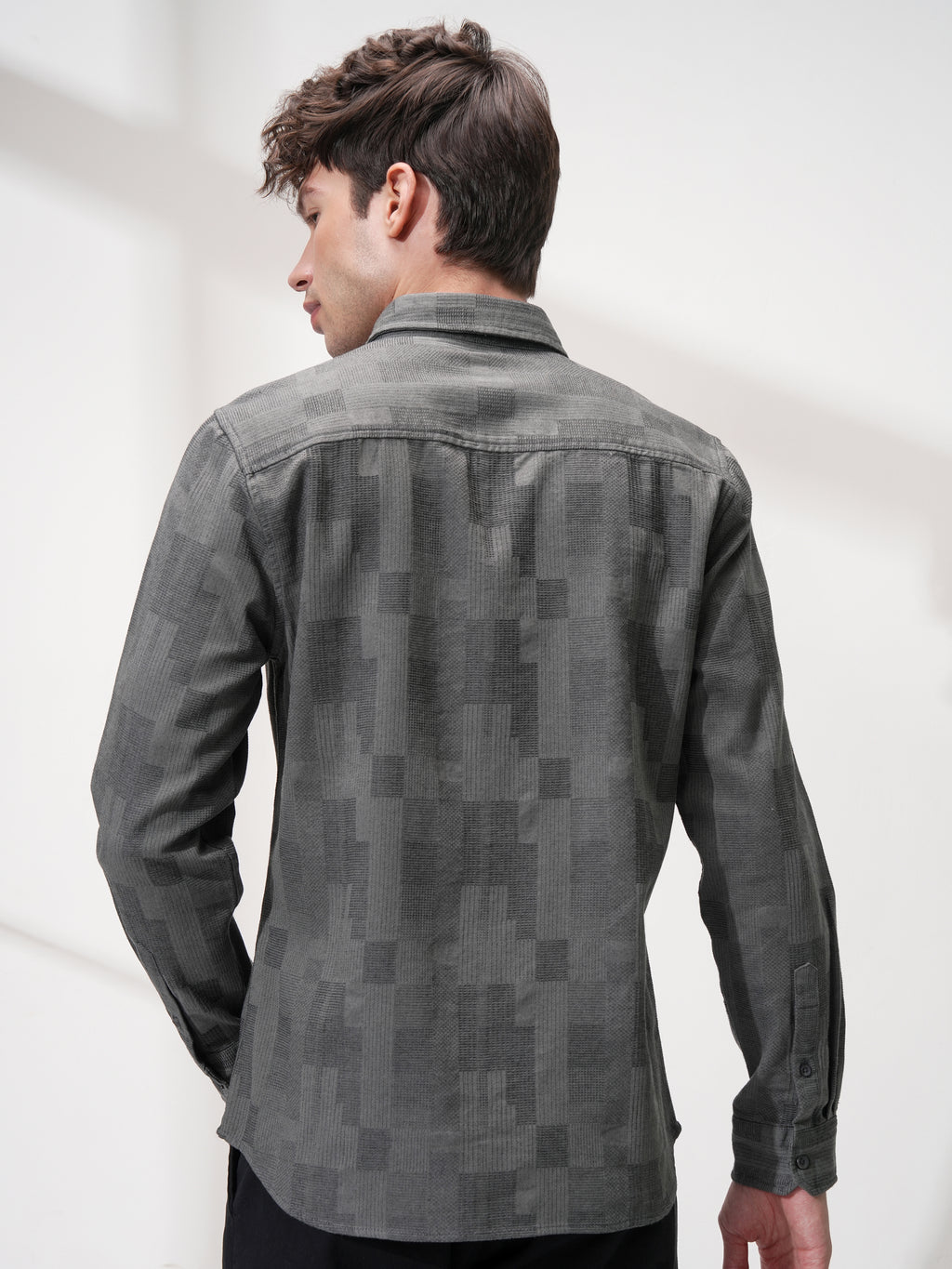 Highlander Men Charcoal Self Design Slim Fit Casual Shirt - Charcoal - Image 3