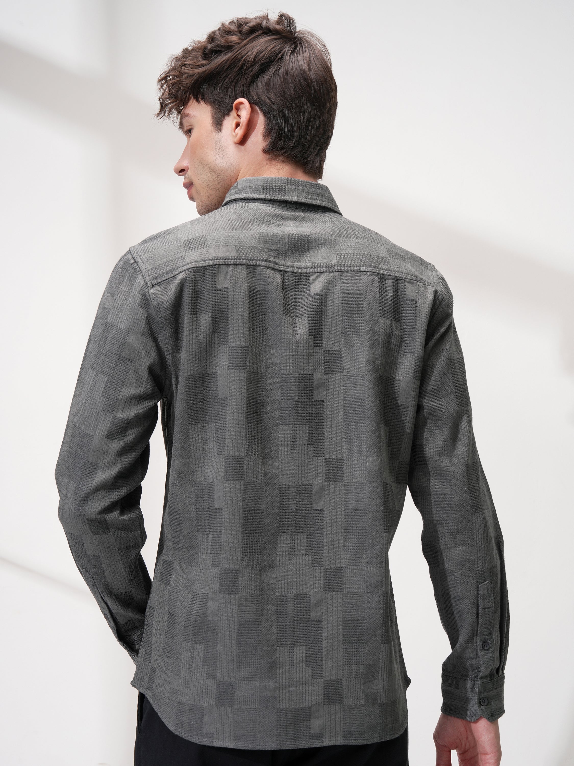 Highlander Men Charcoal Self Design Slim Fit Casual Shirt - Charcoal - Image 3