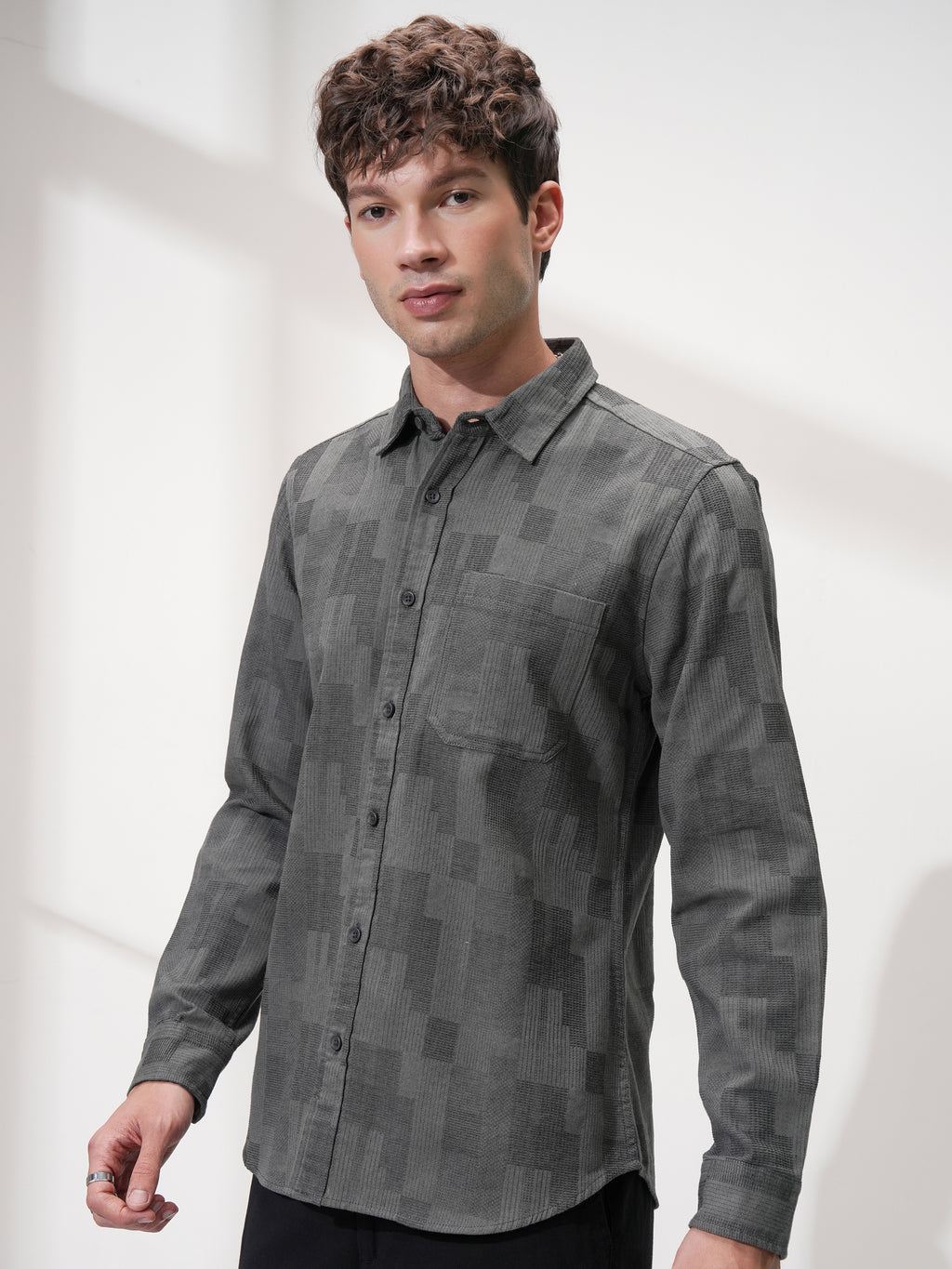 Highlander Men Charcoal Self Design Slim Fit Casual Shirt - Charcoal - Image 4