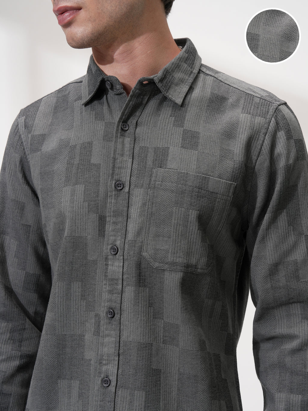 Highlander Men Charcoal Self Design Slim Fit Casual Shirt - Charcoal - Image 5